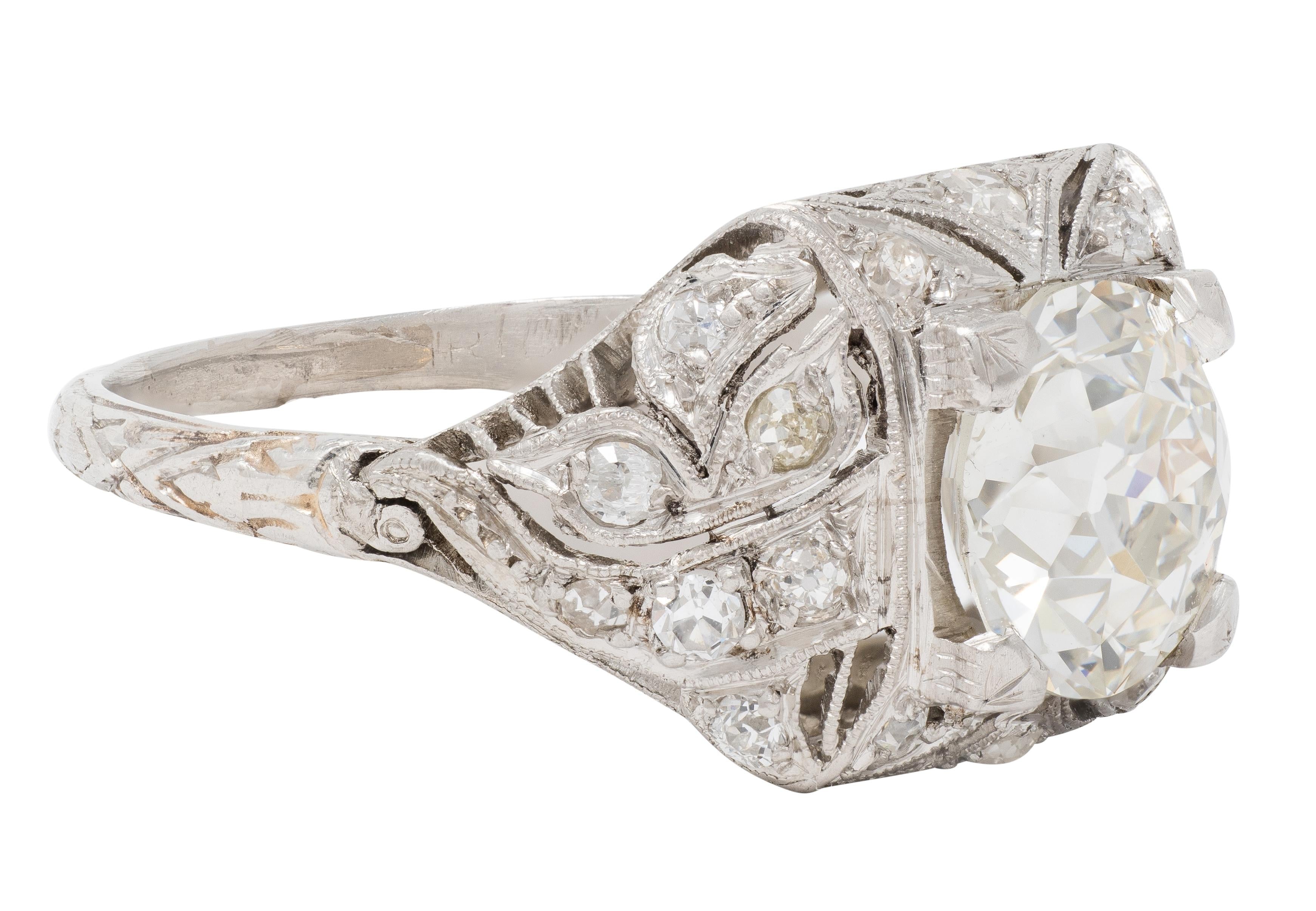 Art Deco 2.03 CTW Old European Diamond Platinum Foliate Vintage Engagement Ring