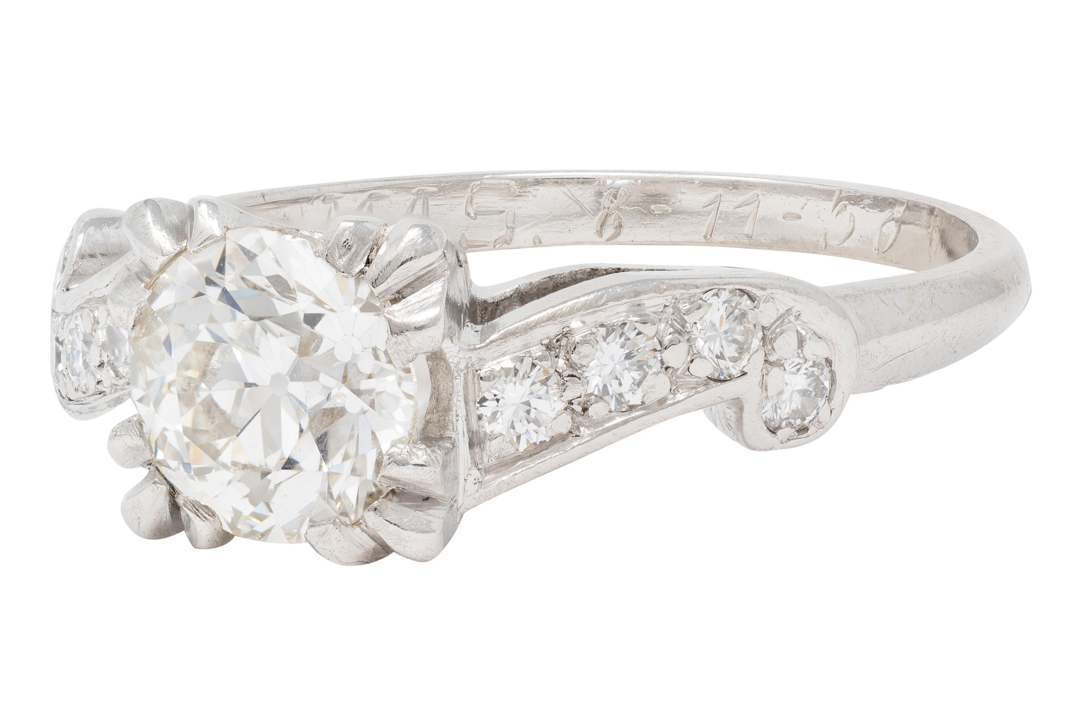 Mid-Century 1.11 CTW Diamond Platinum Scrolling Ribbon Vintage Engagement Ring