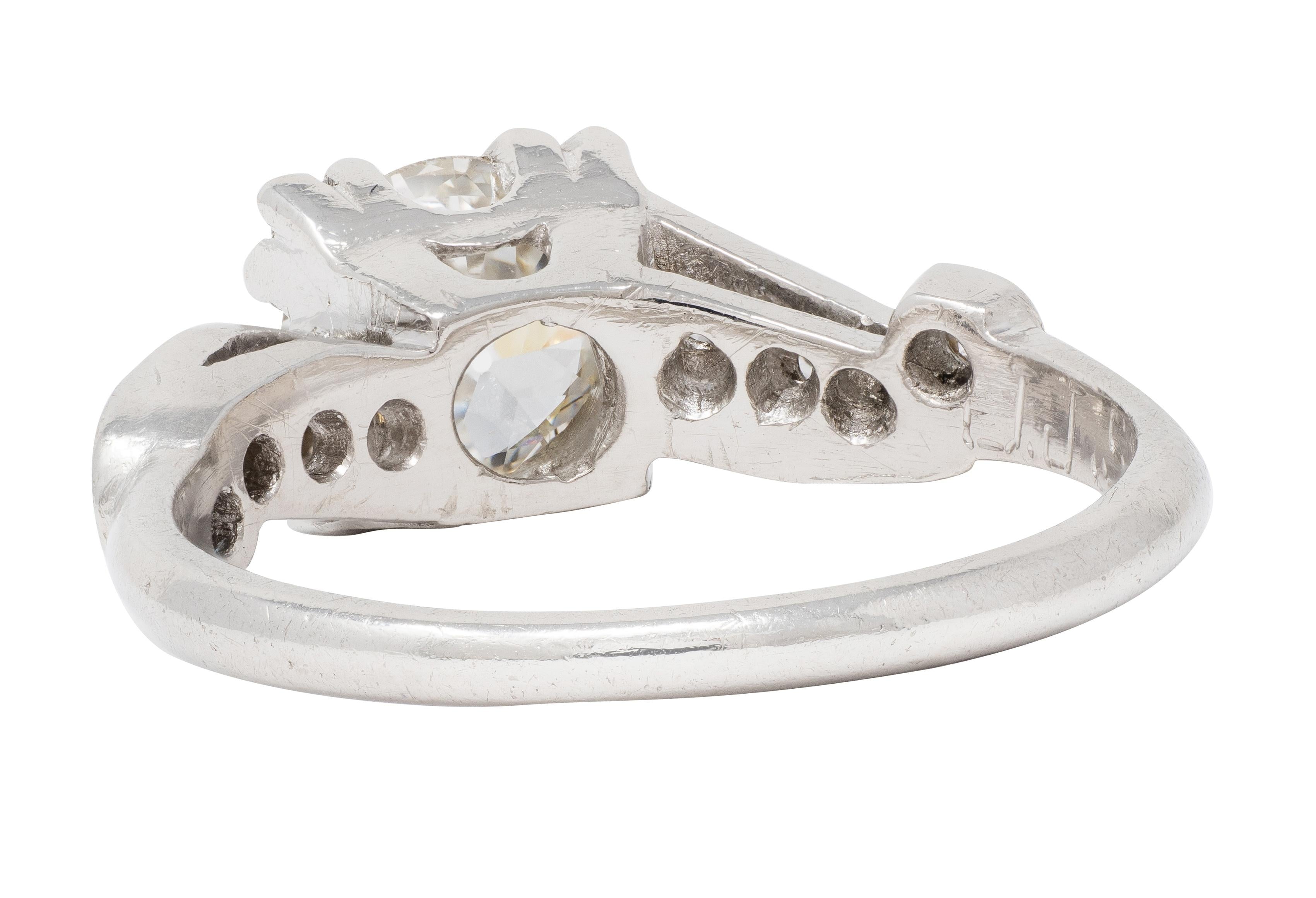 Mid-Century 1.11 CTW Diamond Platinum Scrolling Ribbon Vintage Engagement Ring