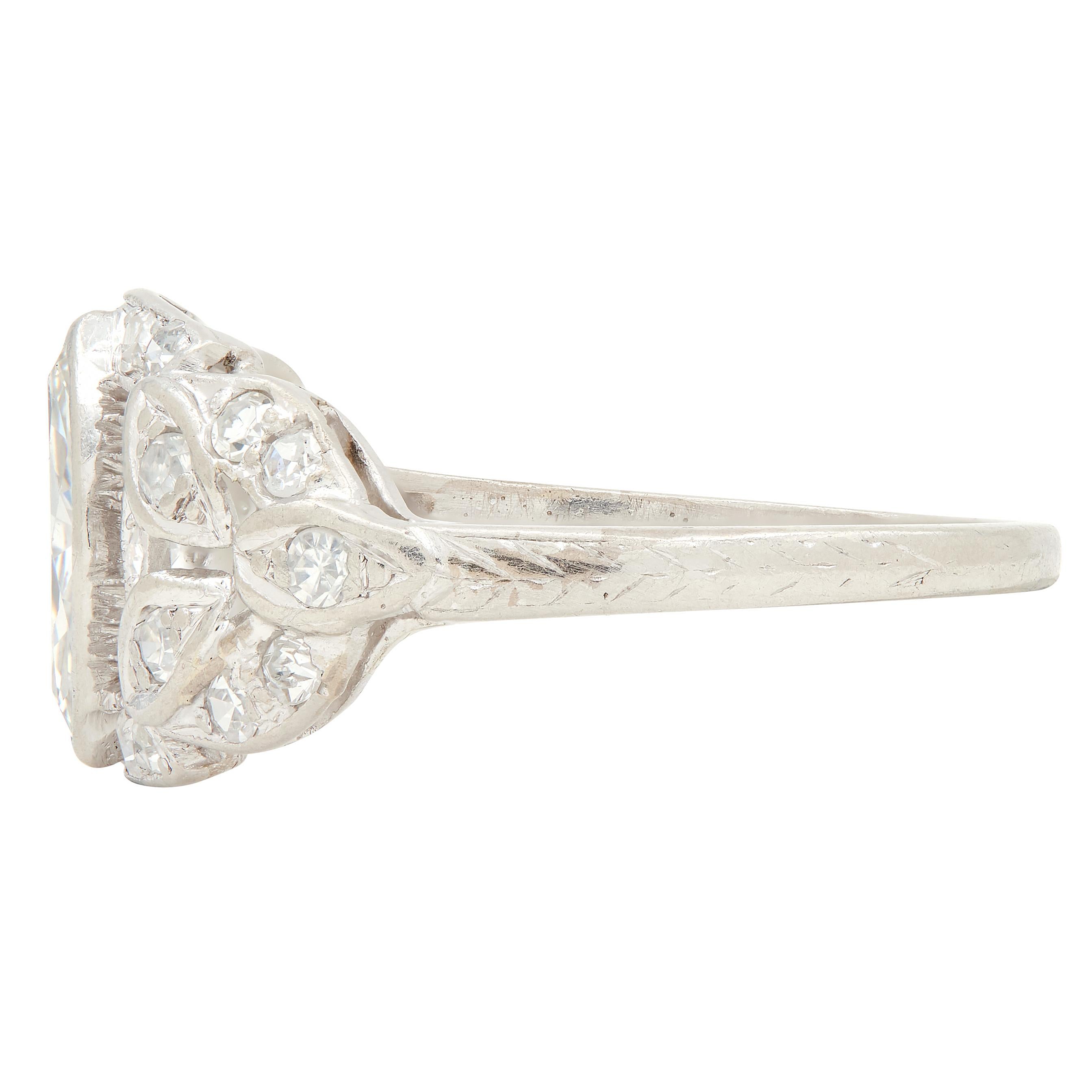 Art Deco 1.20 CTW Marquise Cut Diamond Platinum Foliate Antique Engagement Ring