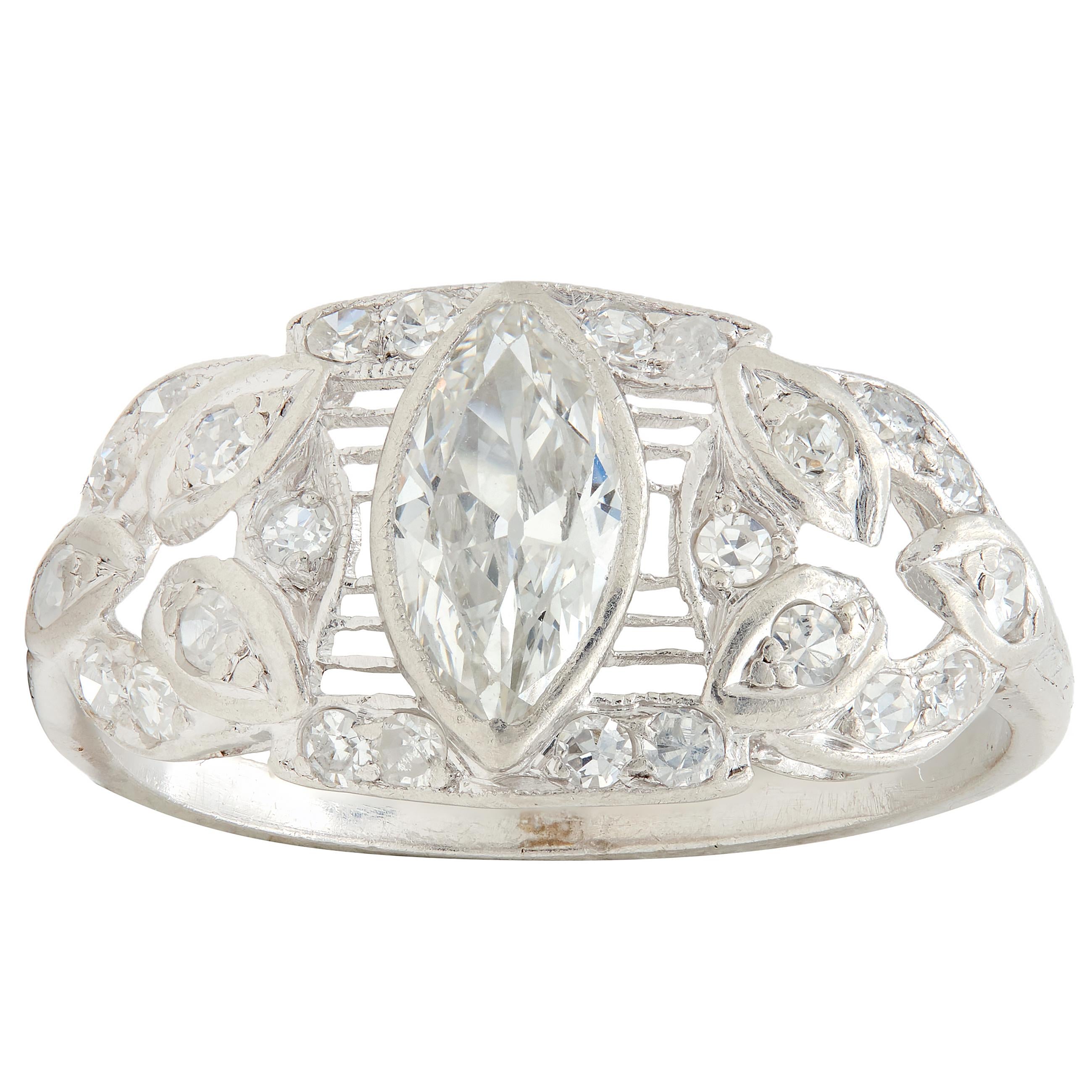 Art Deco 1.20 CTW Marquise Cut Diamond Platinum Foliate Antique Engagement Ring