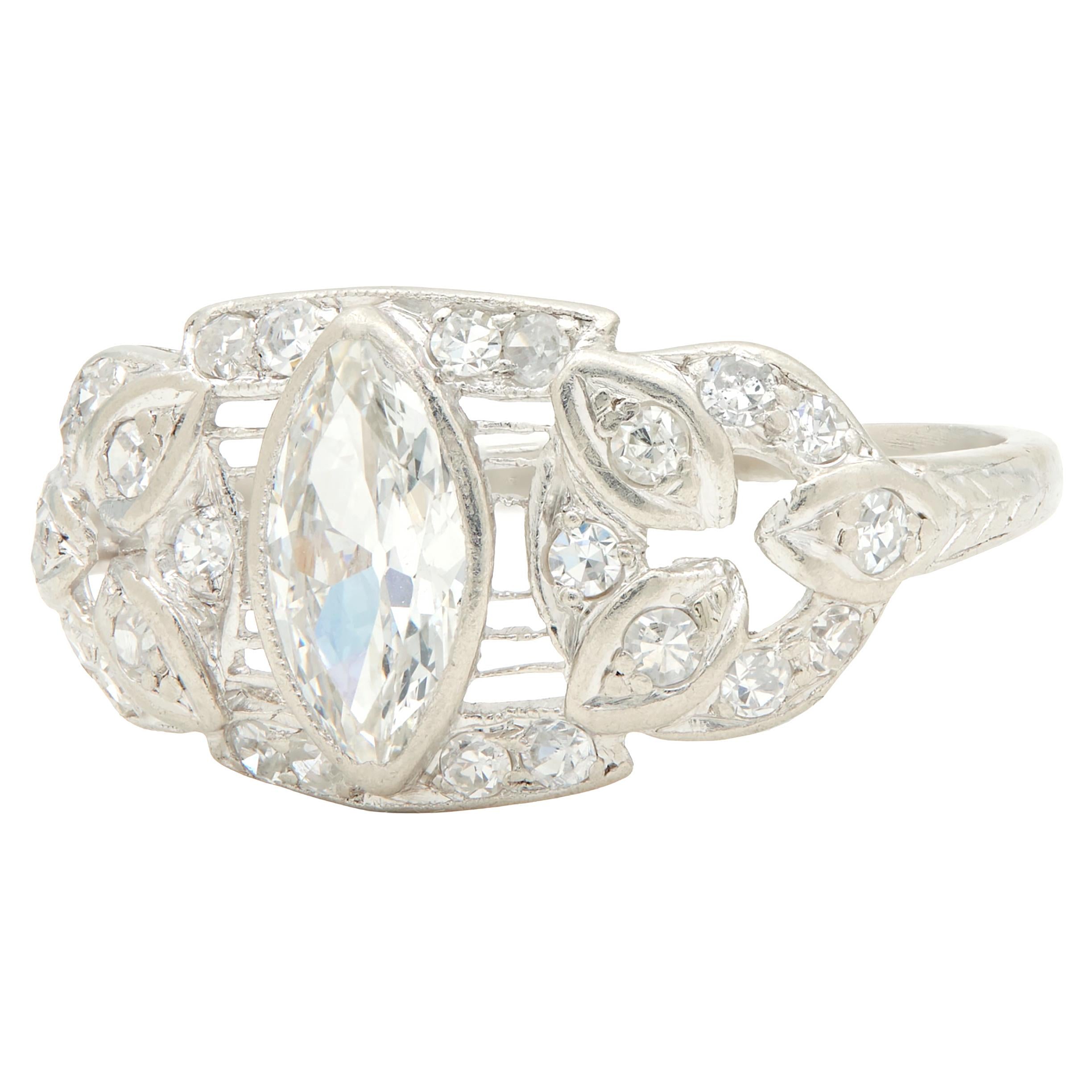 Art Deco 1.20 CTW Marquise Cut Diamond Platinum Foliate Antique Engagement Ring