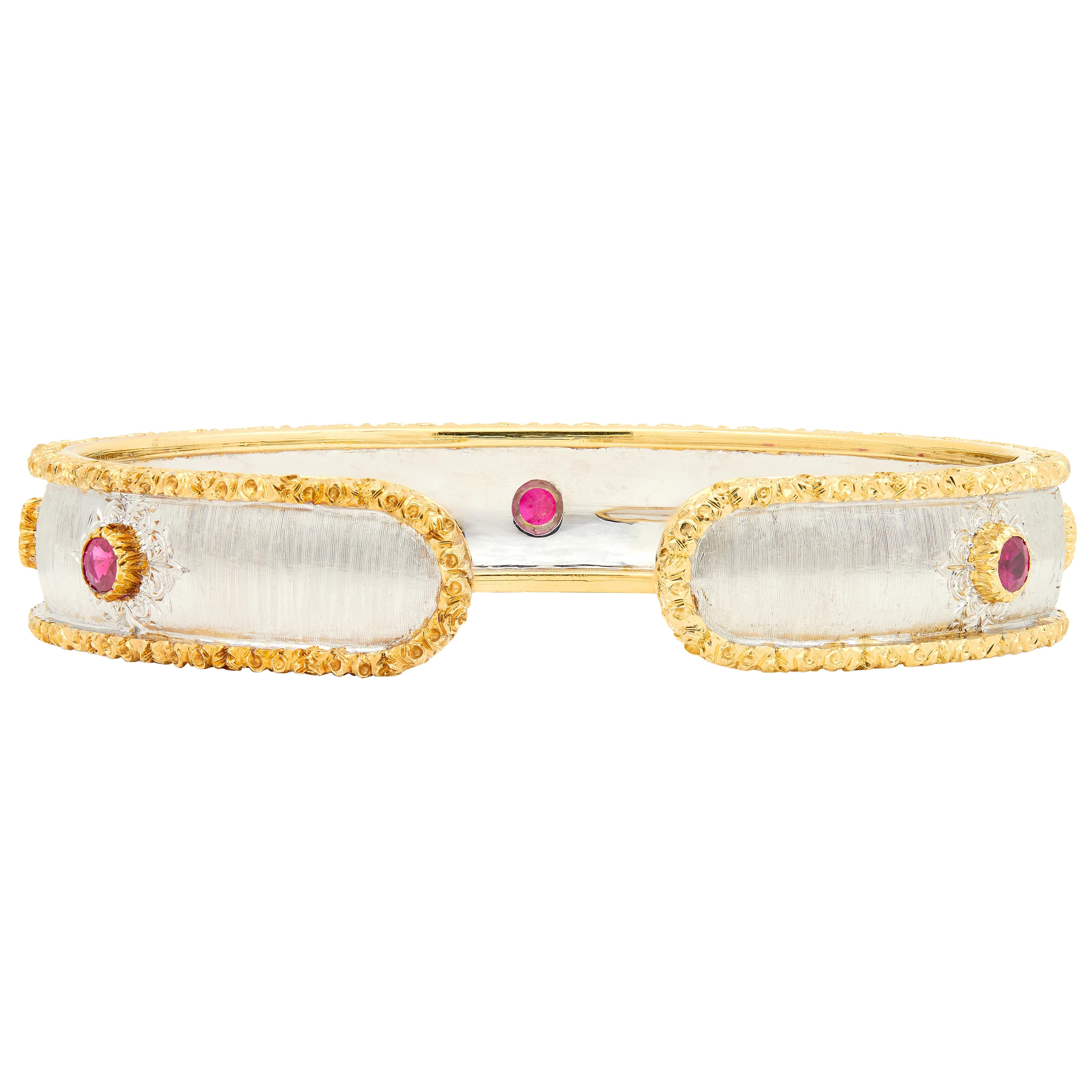 Buccellati Ruby 18K Two-Tone White Yellow Gold Vintage Macri Capri Cuff Bracelet