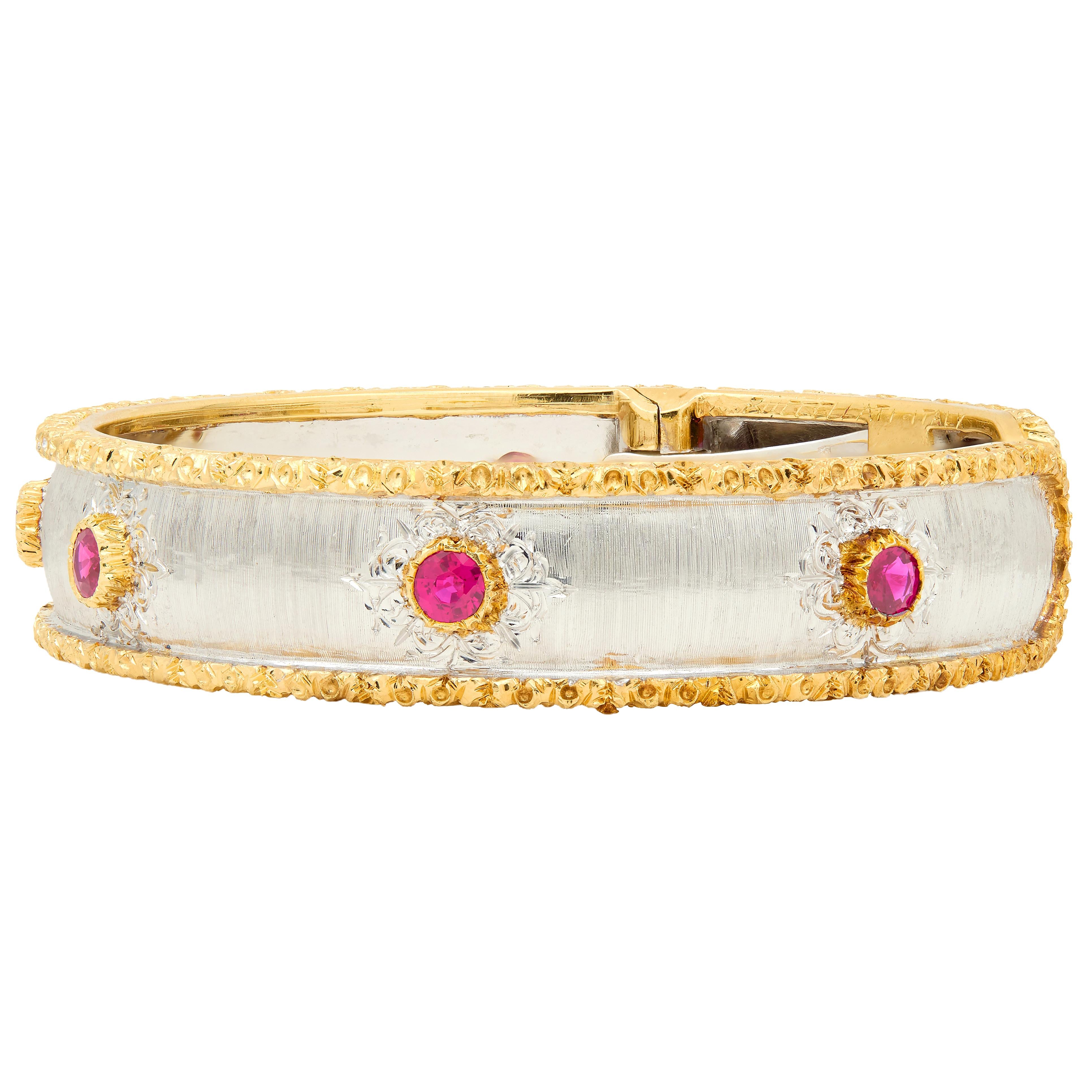 Buccellati Ruby 18K Two-Tone White Yellow Gold Vintage Macri Capri Cuff Bracelet