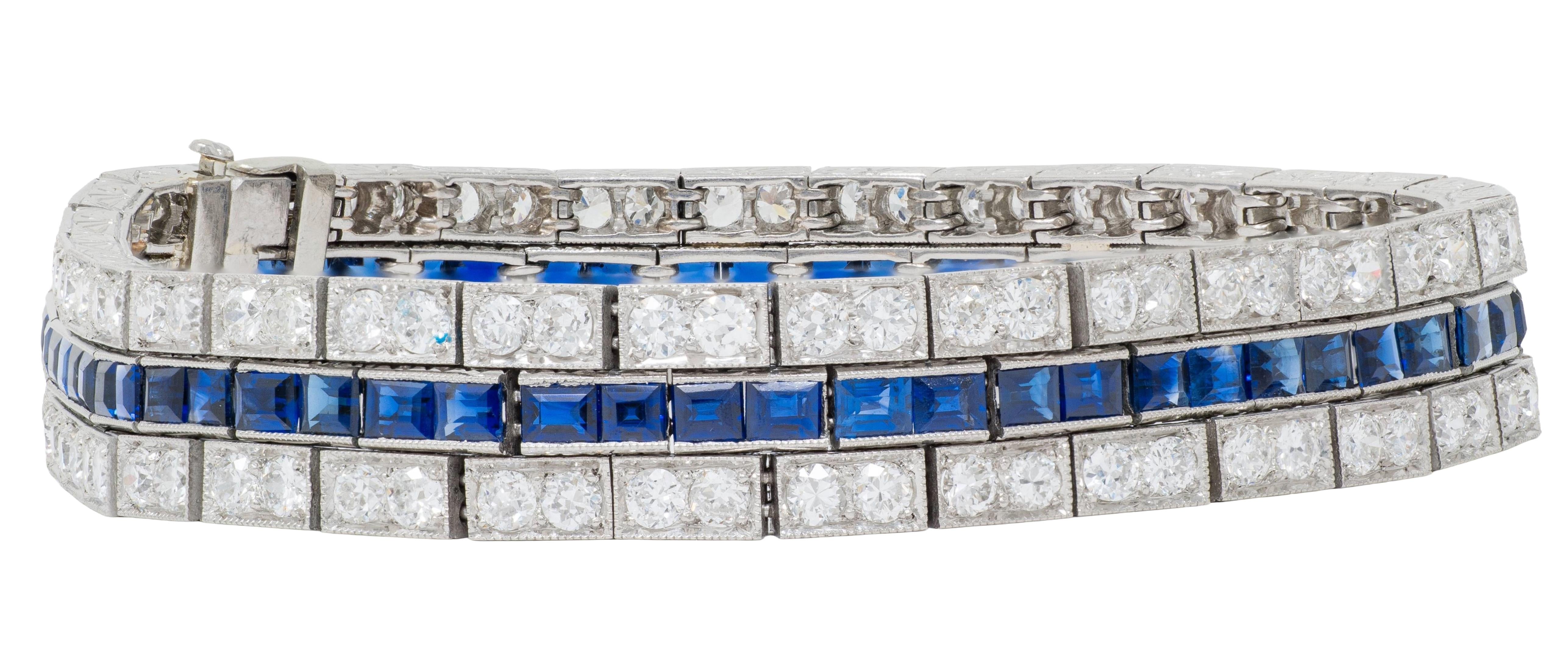 Art Deco 16.80 CTW Diamond Sapphire Platinum Foliate Vintage Line Bracelet