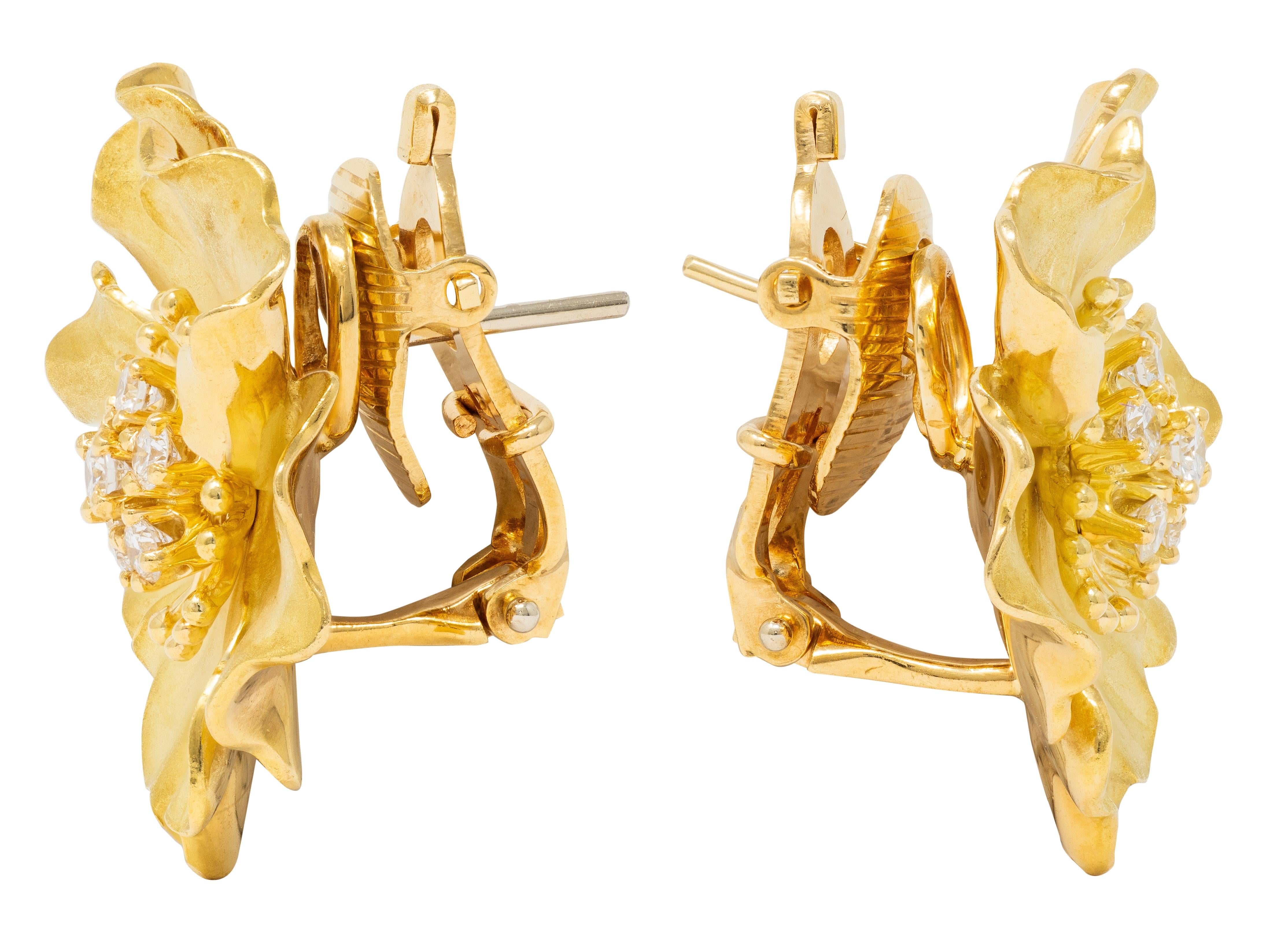 Tiffany & Co. Diamond 18 Karat Yellow Gold Vintage Alpine Rose Flower Earrings
