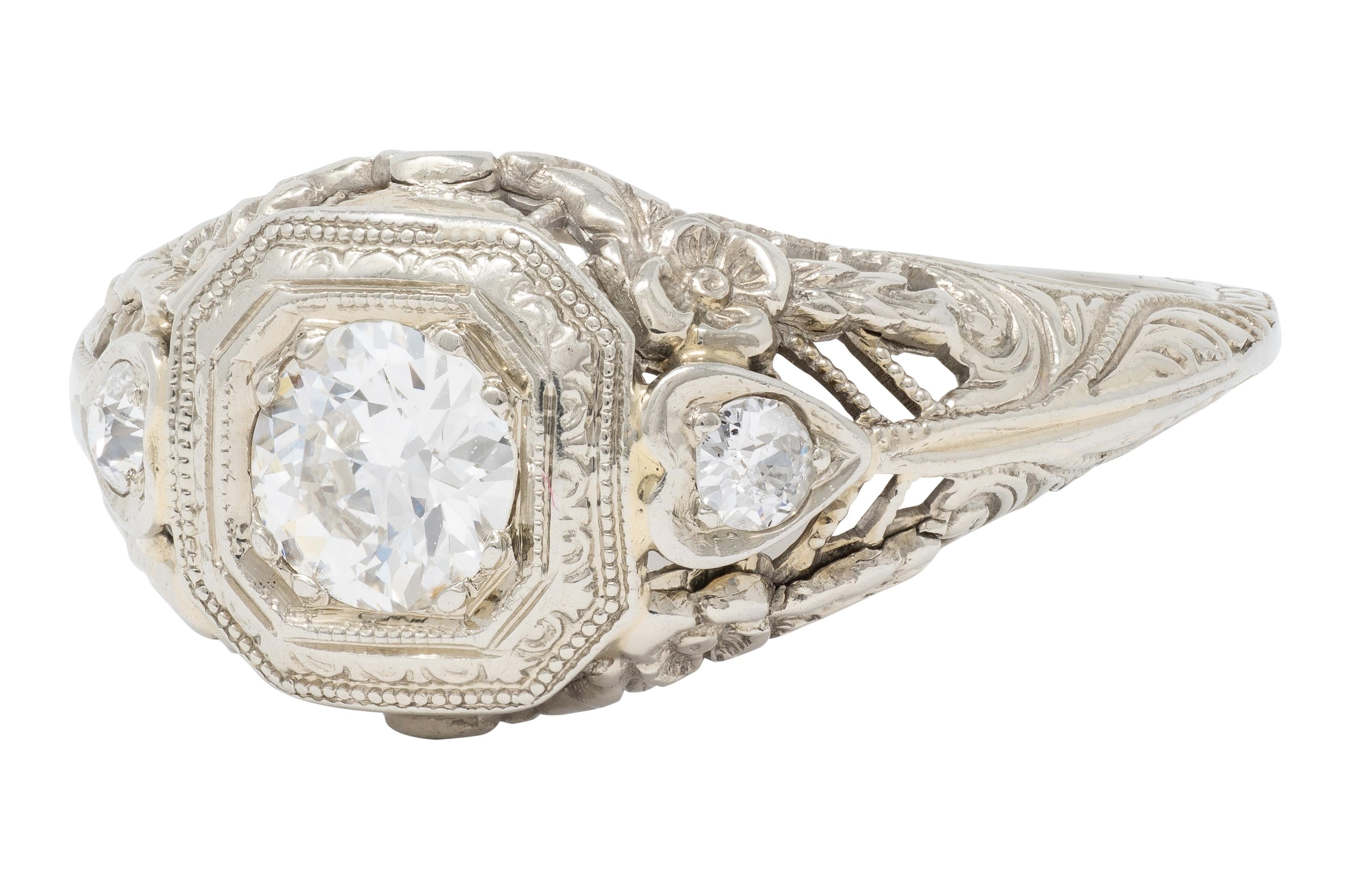 Art Deco Old European Diamond 18K White Gold Antique Heart Engagement Ring