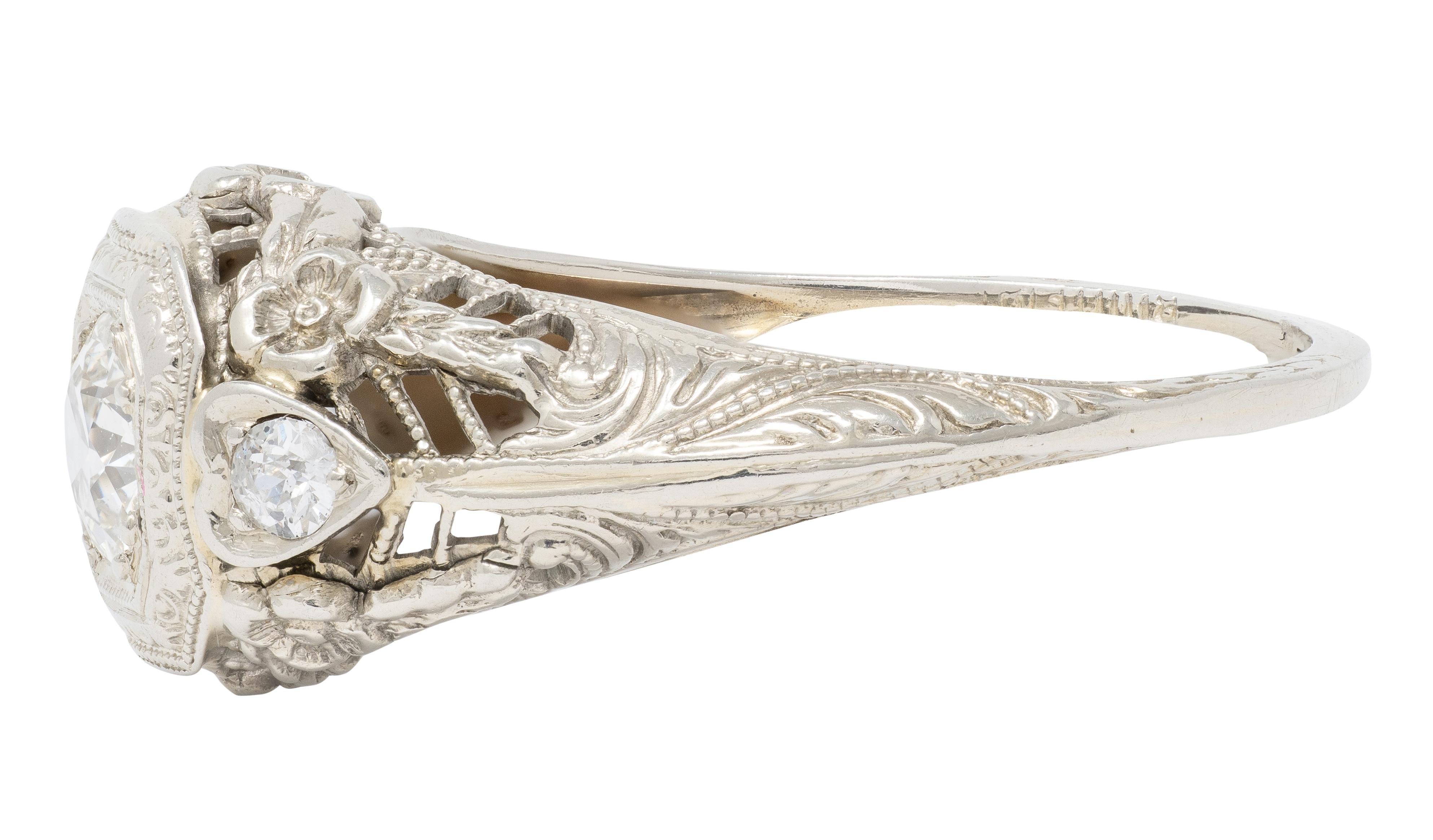 Art Deco Old European Diamond 18K White Gold Antique Heart Engagement Ring