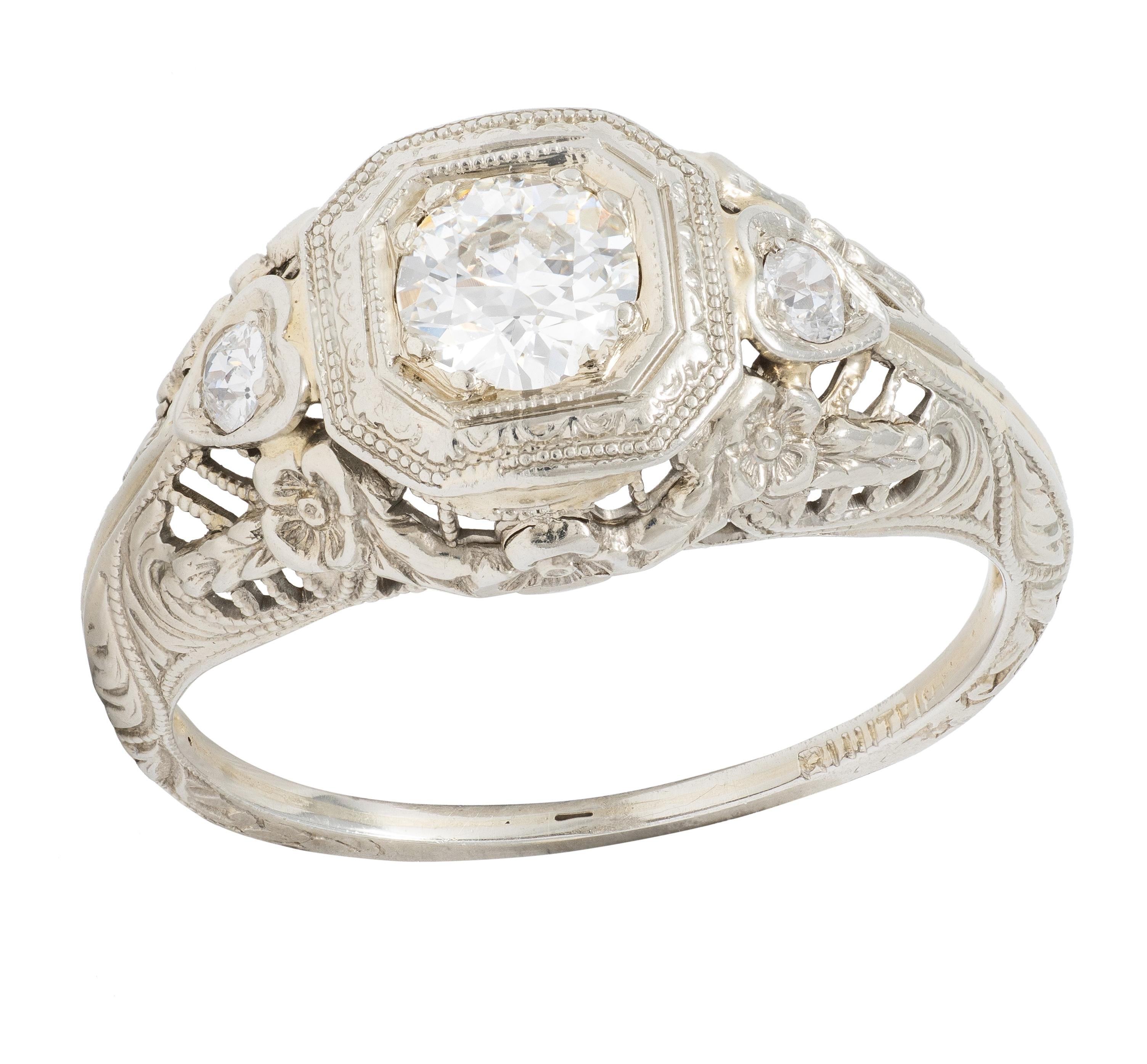 Art Deco Old European Diamond 18K White Gold Antique Heart Engagement Ring