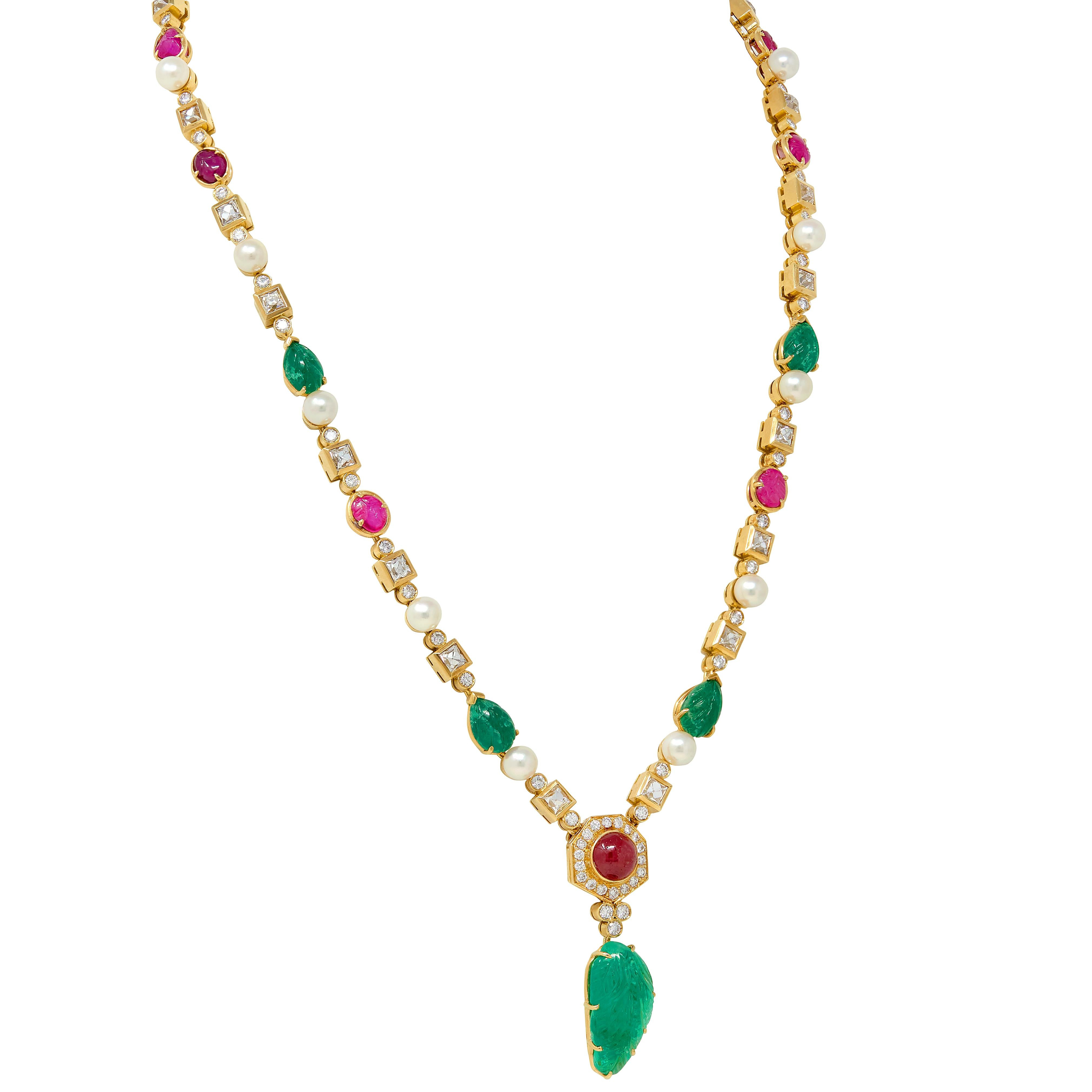 Van Cleef & Arpels 1970s Emerald Diamond Ruby 18K Yellow Gold Vintage Necklace