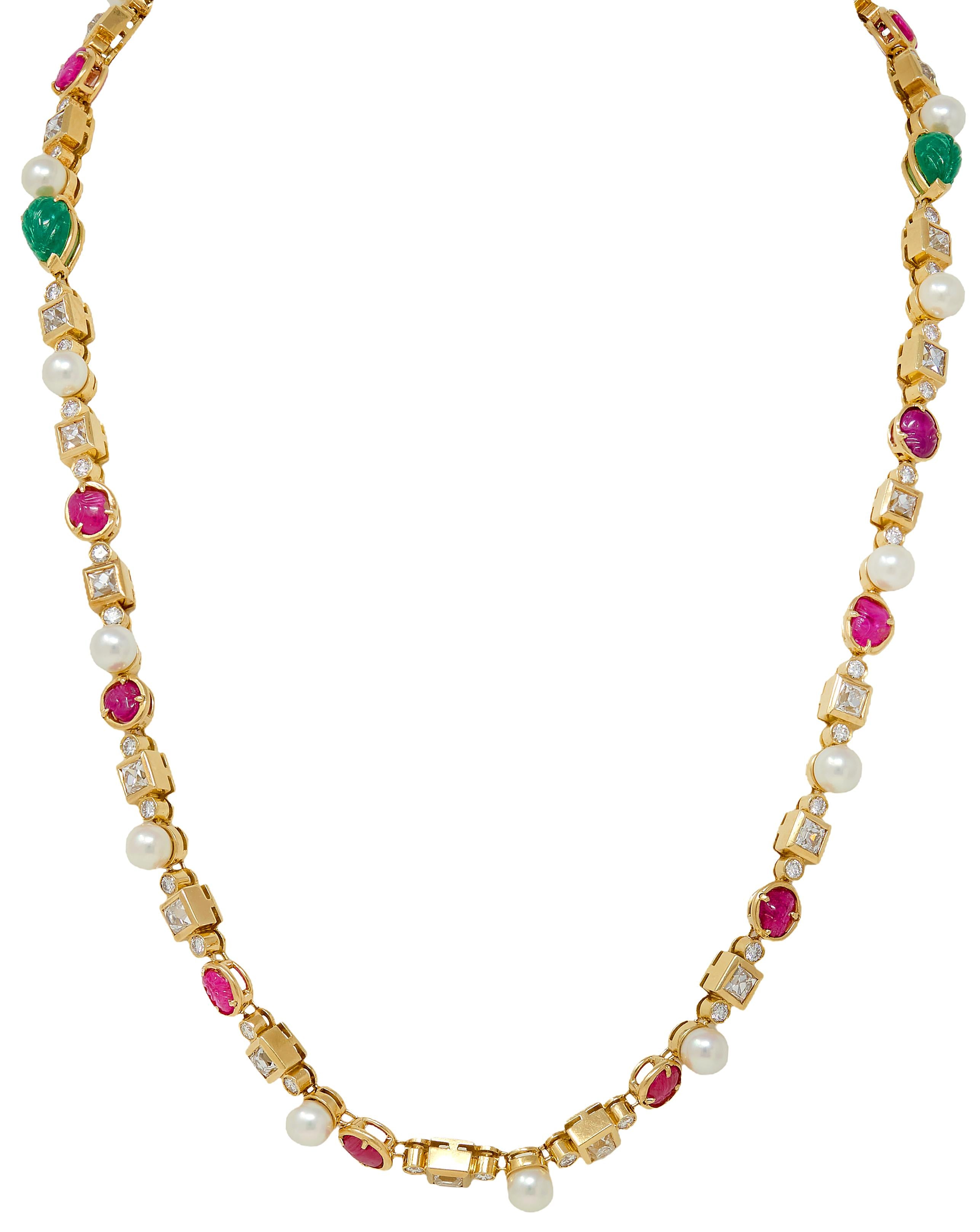 Van Cleef & Arpels 1970s Emerald Diamond Ruby 18K Yellow Gold Vintage Necklace