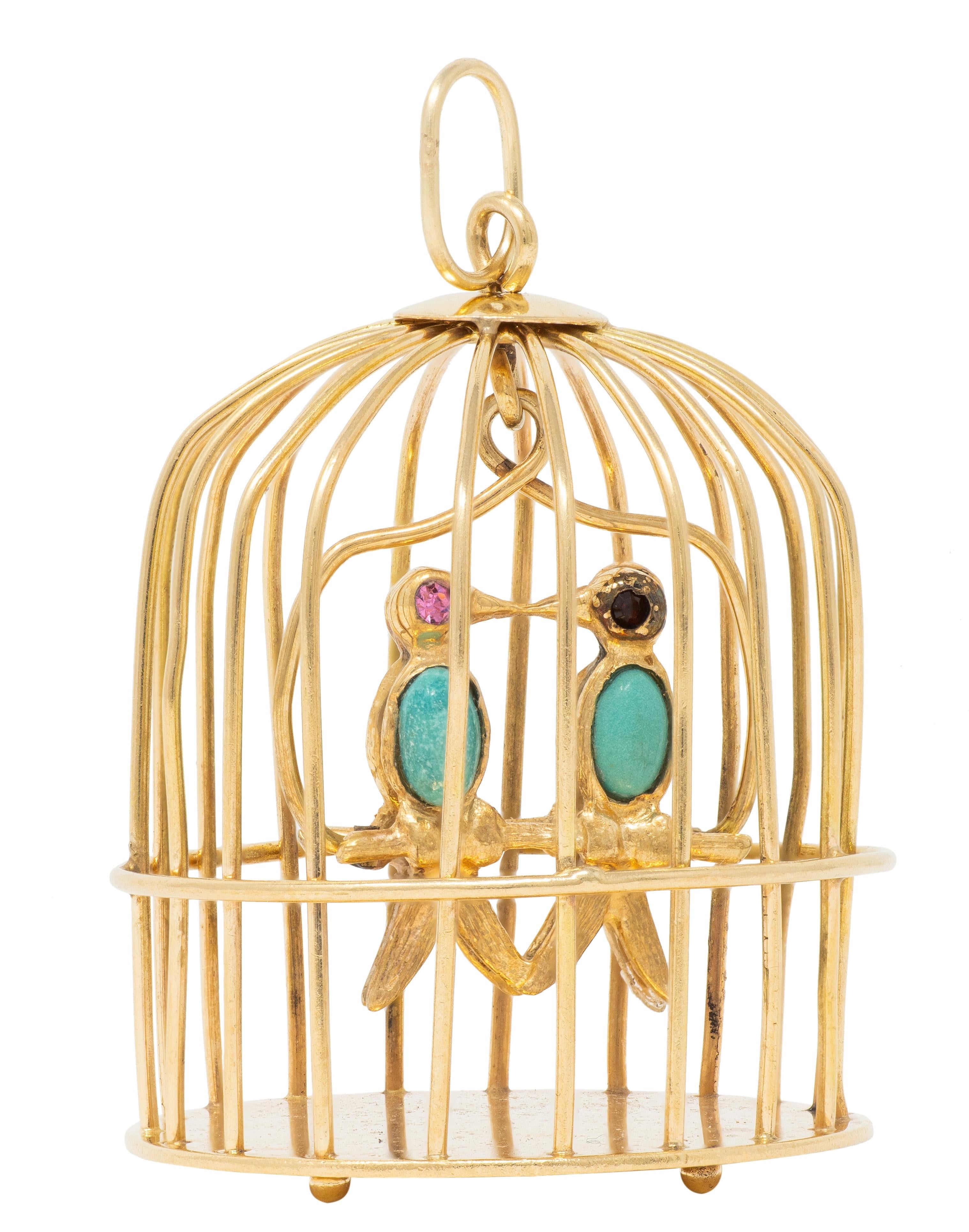 1960's Turquoise Multi-Gem 14 Karat Yellow Gold Vintage Caged Lovebirds Pendant