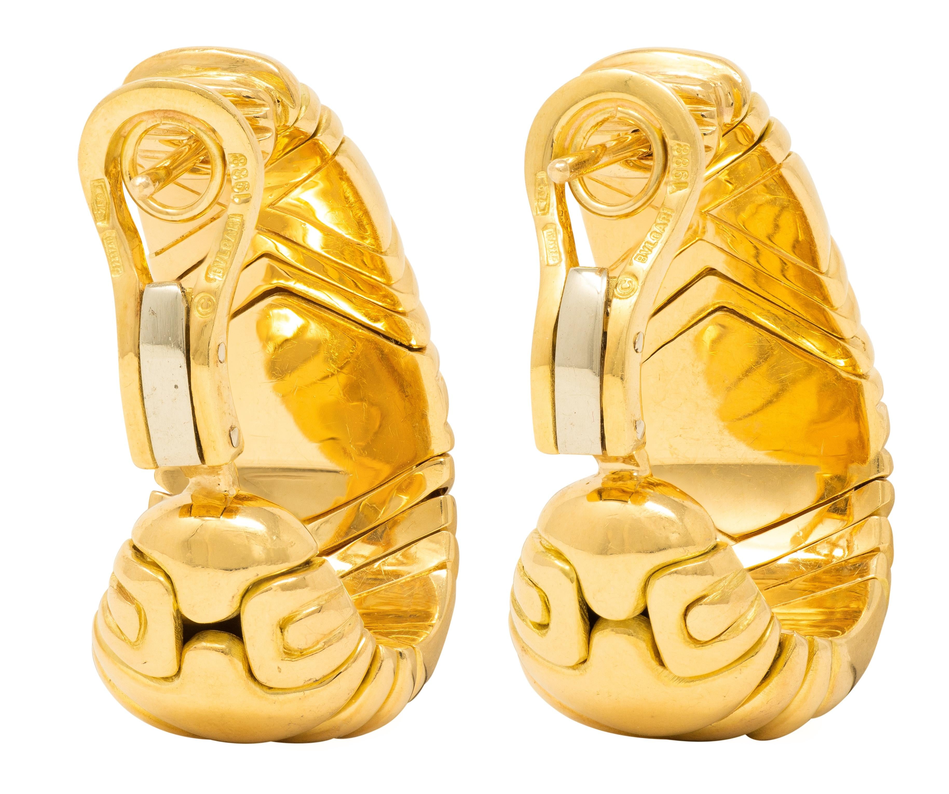 Bulgari 1988 18 Karat Yellow Gold Vintage Alveare J-Hoop Earrings