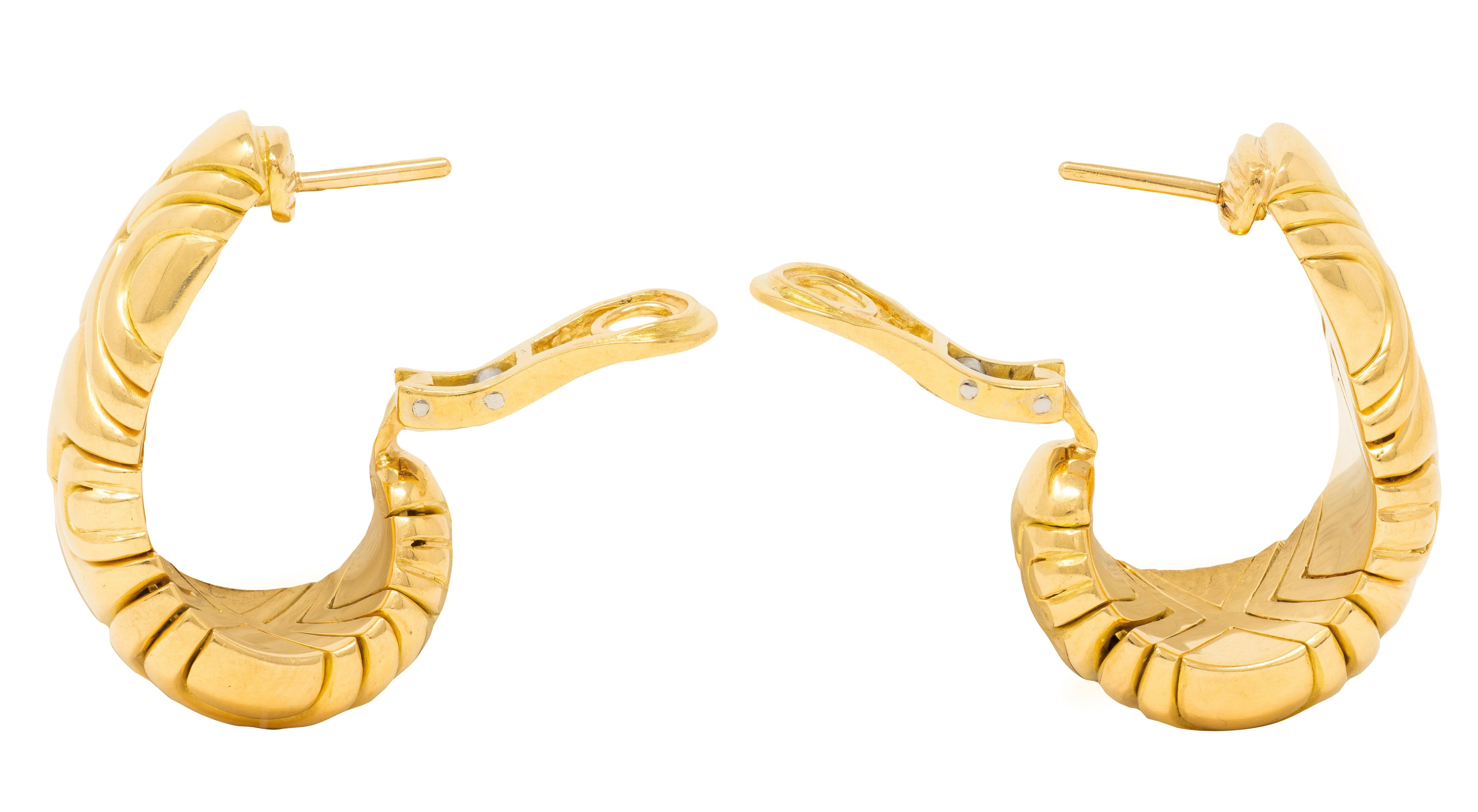 Bulgari 1988 18 Karat Yellow Gold Vintage Alveare J-Hoop Earrings