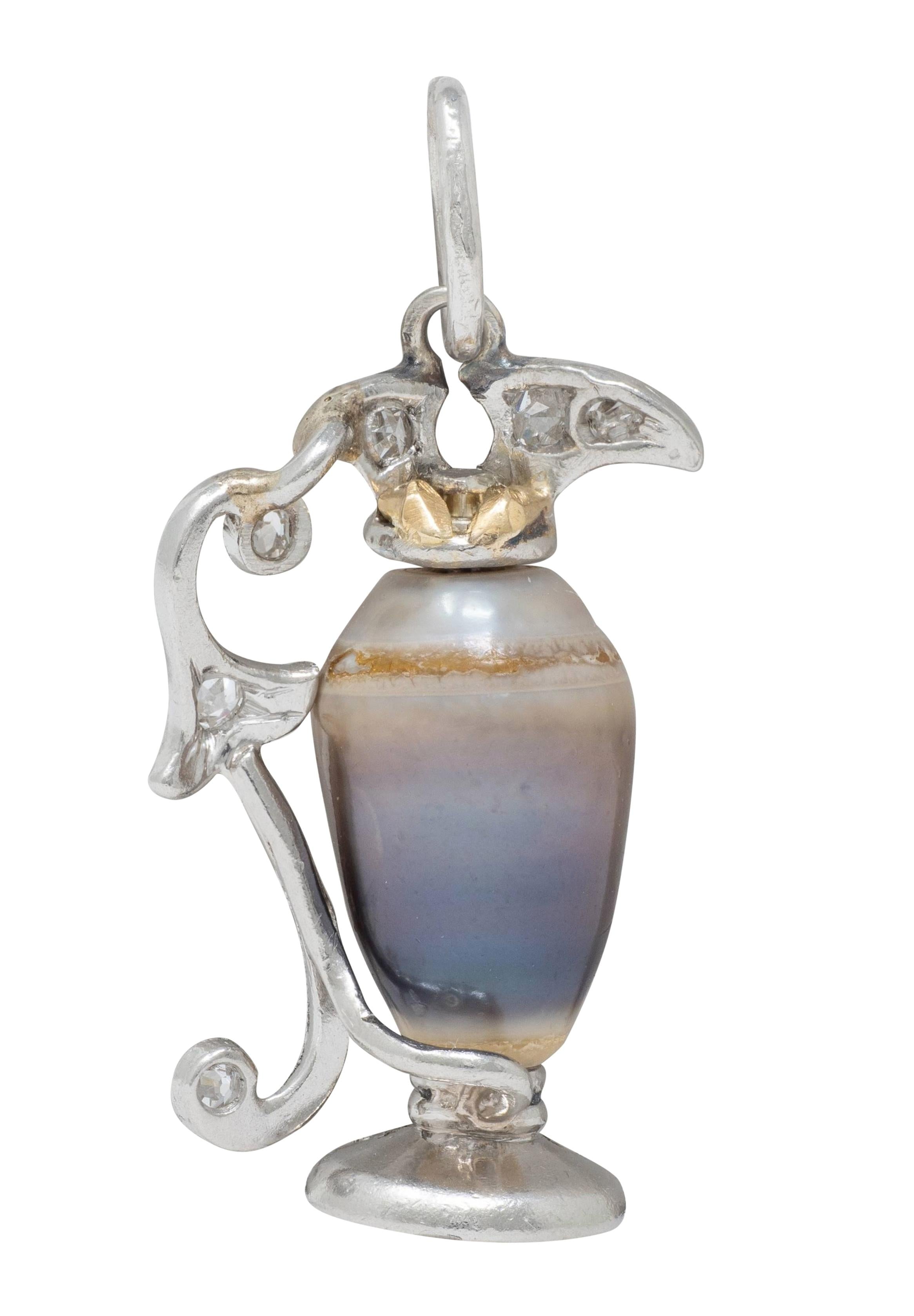 Early Art Deco Baroque Pearl Diamond Platinum 18K Gold Antique Pitcher Charm