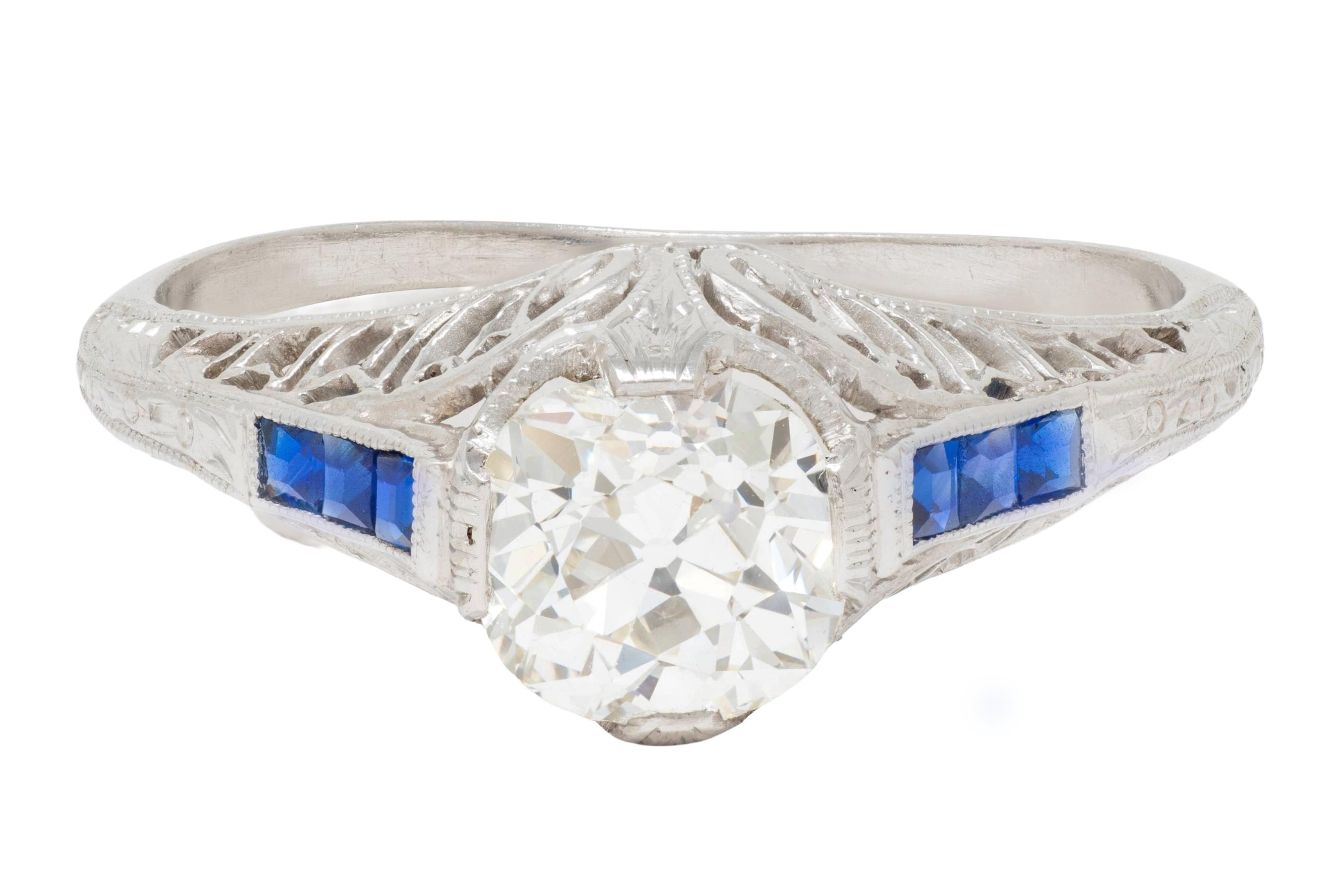 Art Deco 1.52 CTW Old Mine Cut Diamond Sapphire Platinum Vintage Engagement Ring