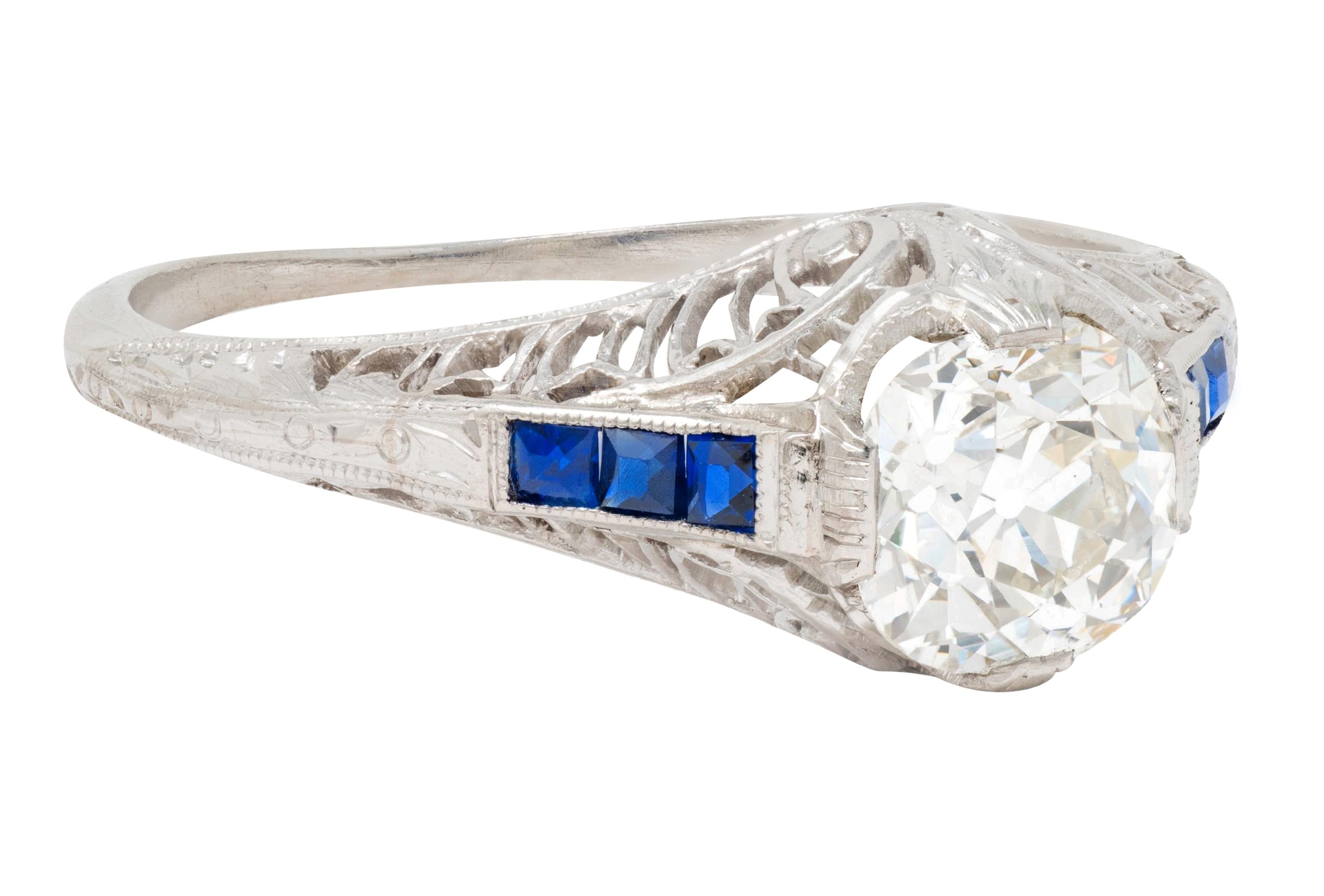 Art Deco 1.52 CTW Old Mine Cut Diamond Sapphire Platinum Vintage Engagement Ring