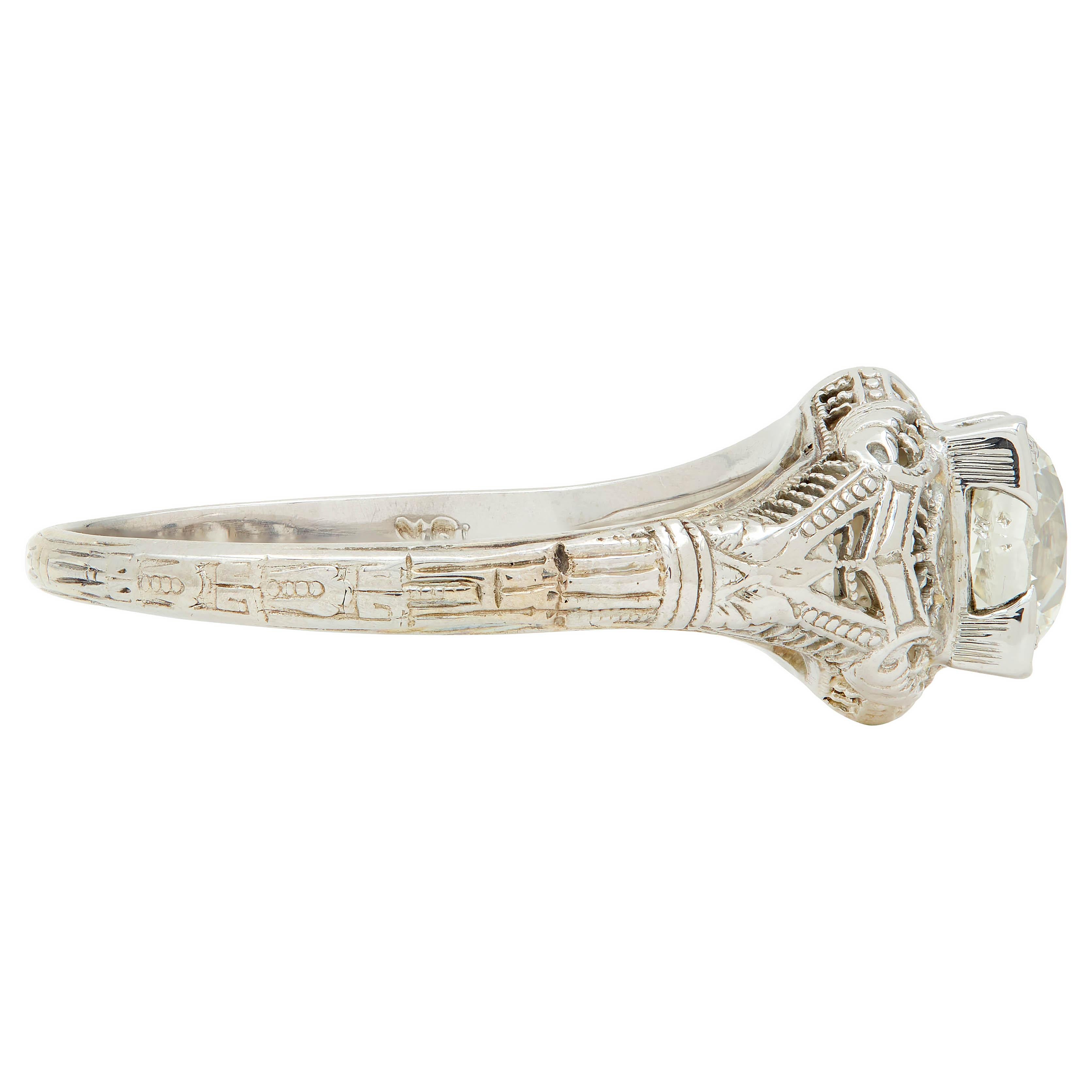 Art Deco 1.01 CTW European Diamond 18 Karat White Gold Antique Engagement Ring