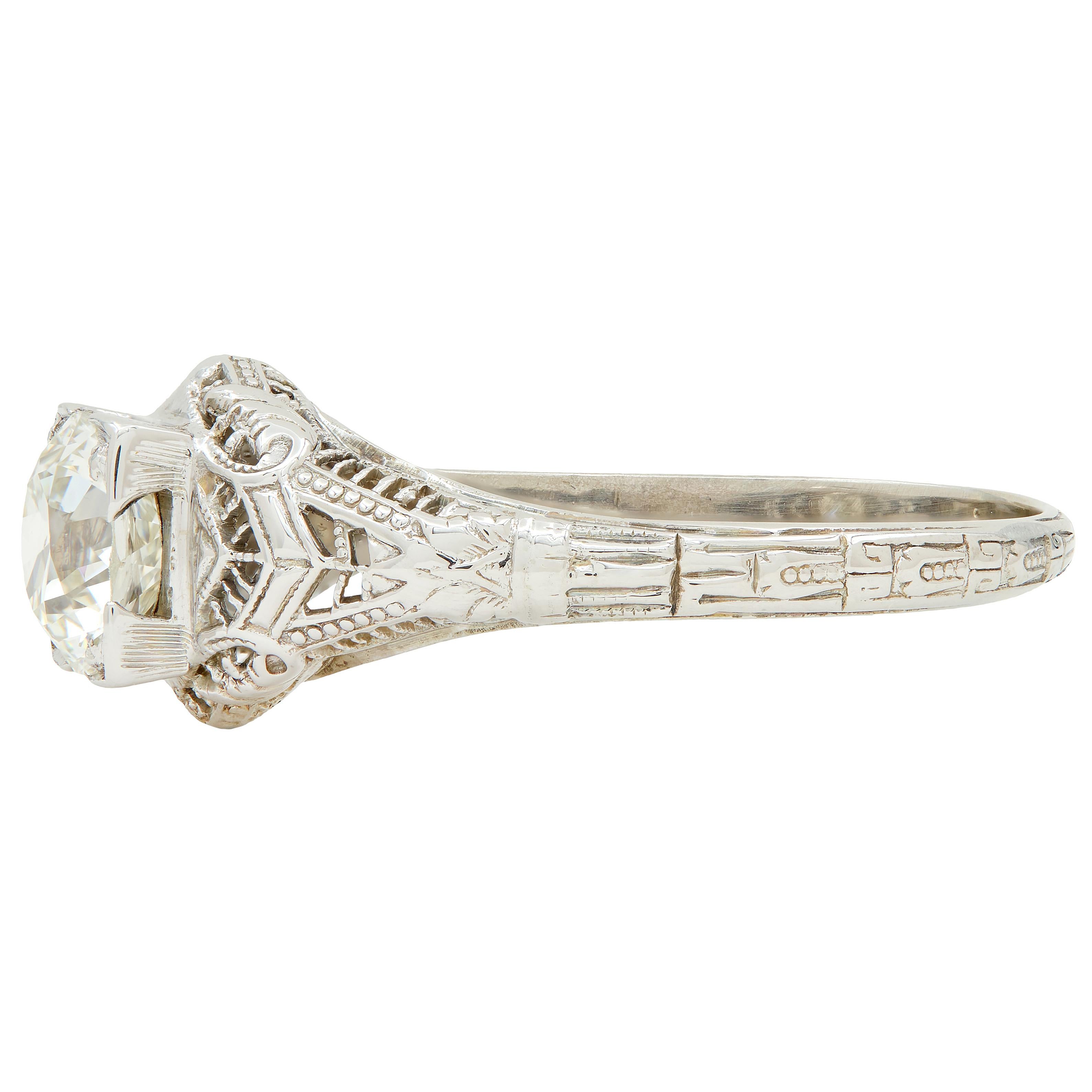 Art Deco 1.01 CTW European Diamond 18 Karat White Gold Antique Engagement Ring