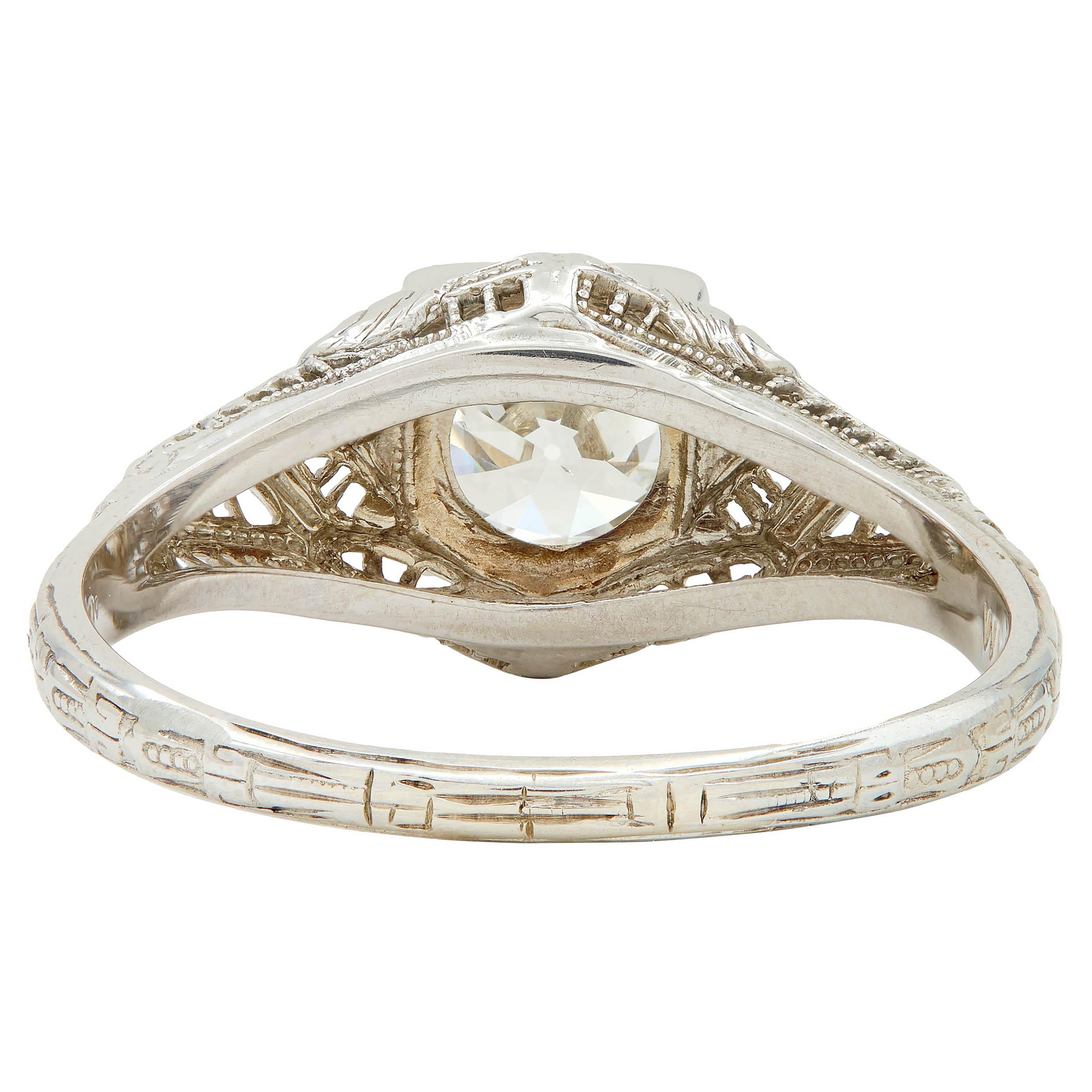 Art Deco 1.01 CTW European Diamond 18 Karat White Gold Antique Engagement Ring