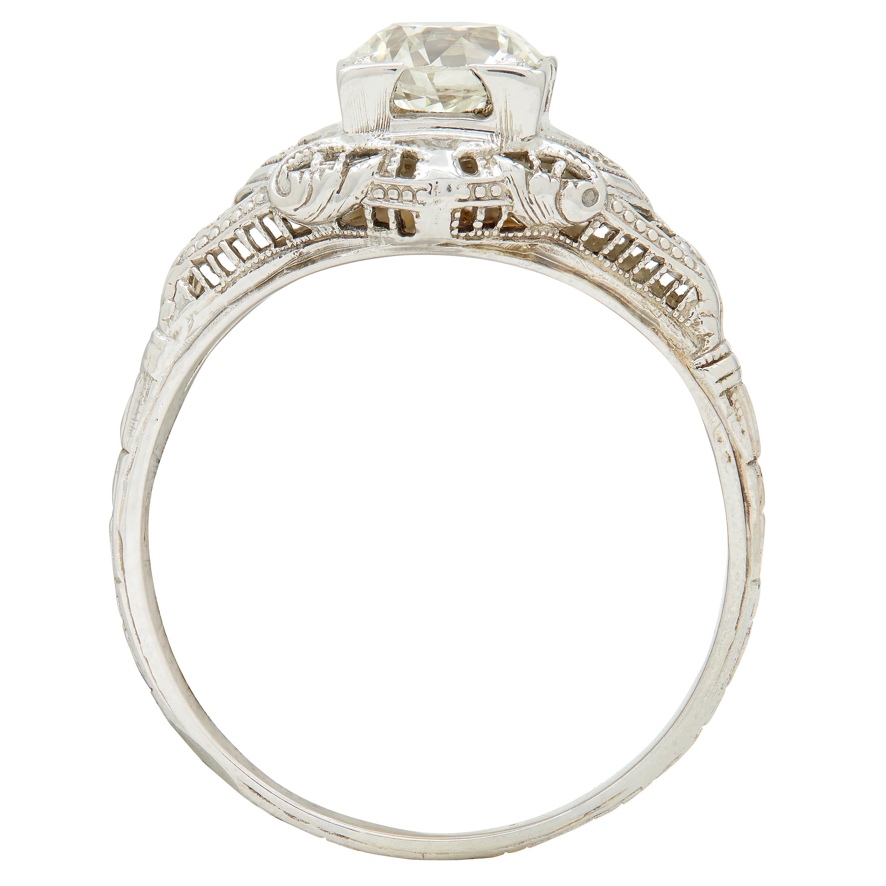Art Deco 1.01 CTW European Diamond 18 Karat White Gold Antique Engagement Ring