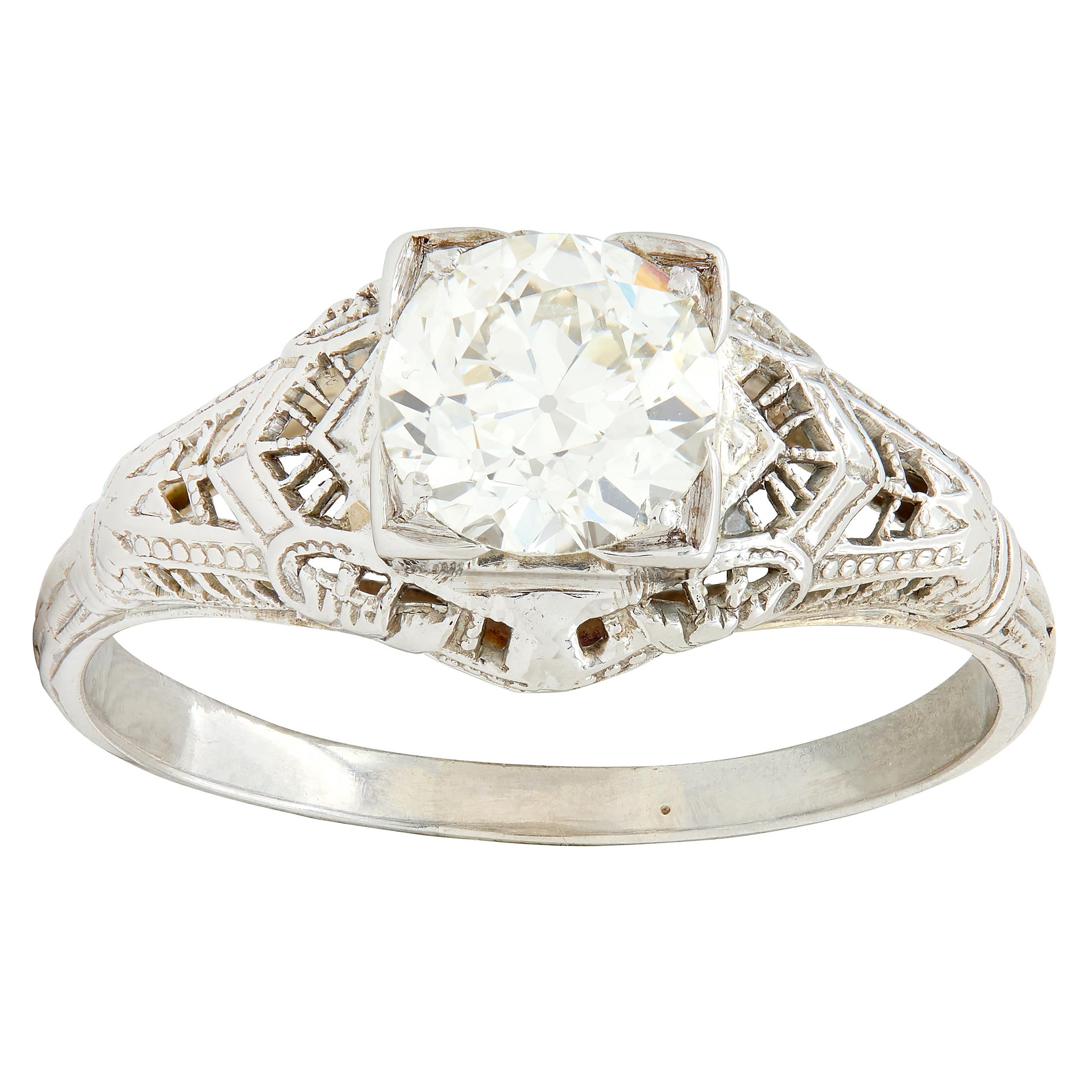 Art Deco 1.01 CTW European Diamond 18 Karat White Gold Antique Engagement Ring