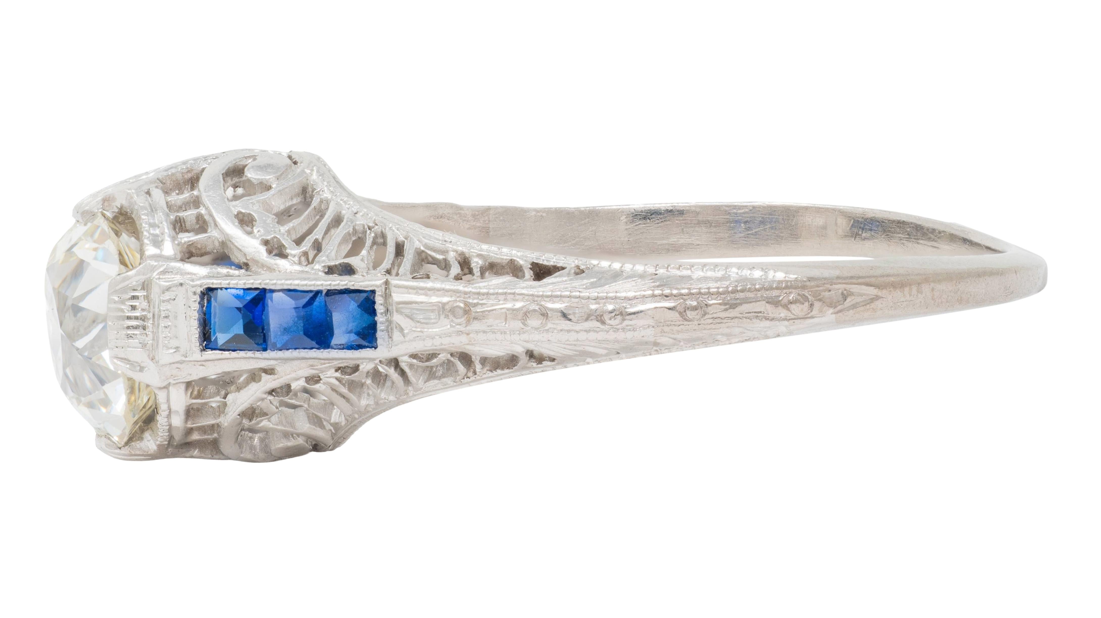 Art Deco 1.52 CTW Old Mine Cut Diamond Sapphire Platinum Vintage Engagement Ring