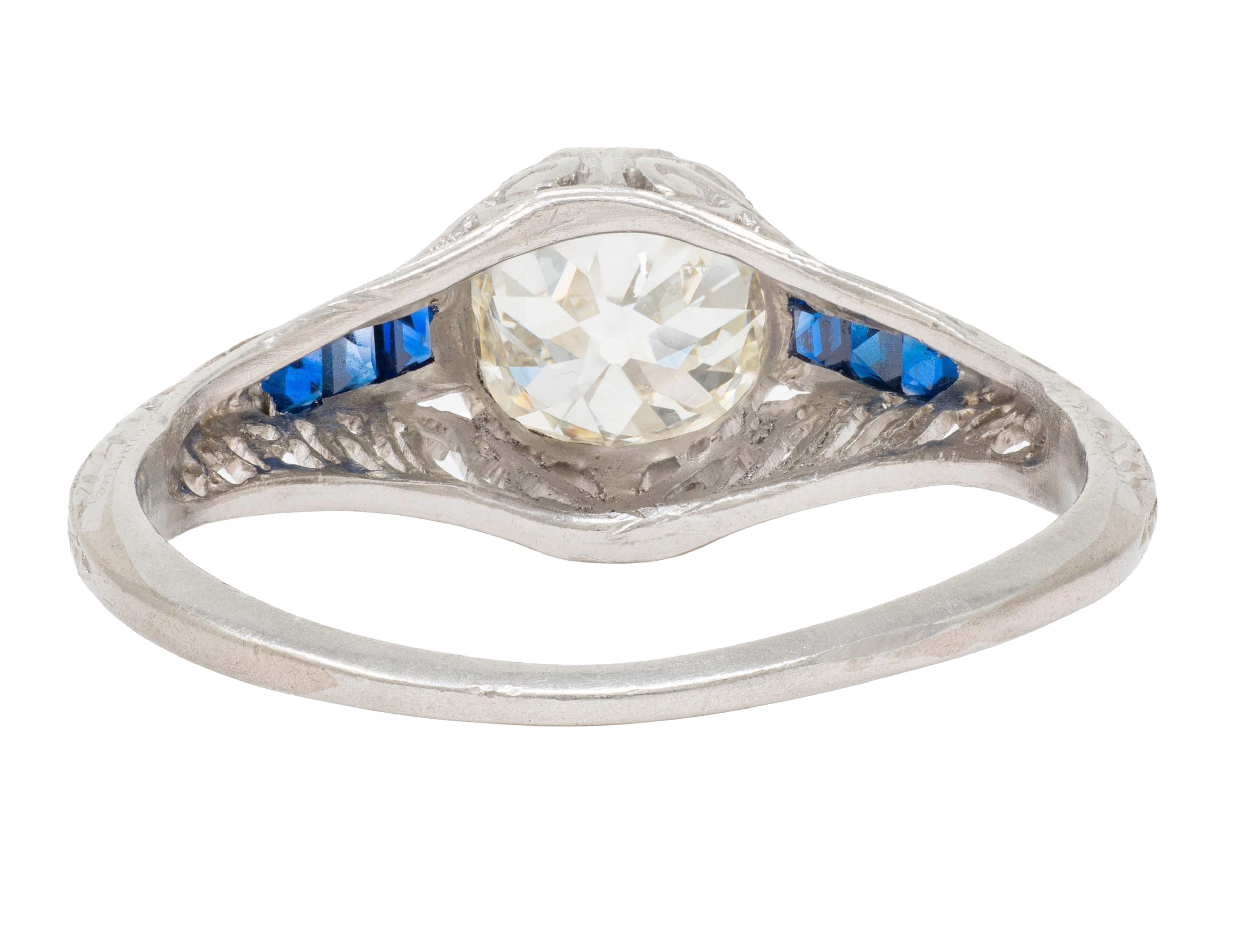 Art Deco 1.52 CTW Old Mine Cut Diamond Sapphire Platinum Vintage Engagement Ring