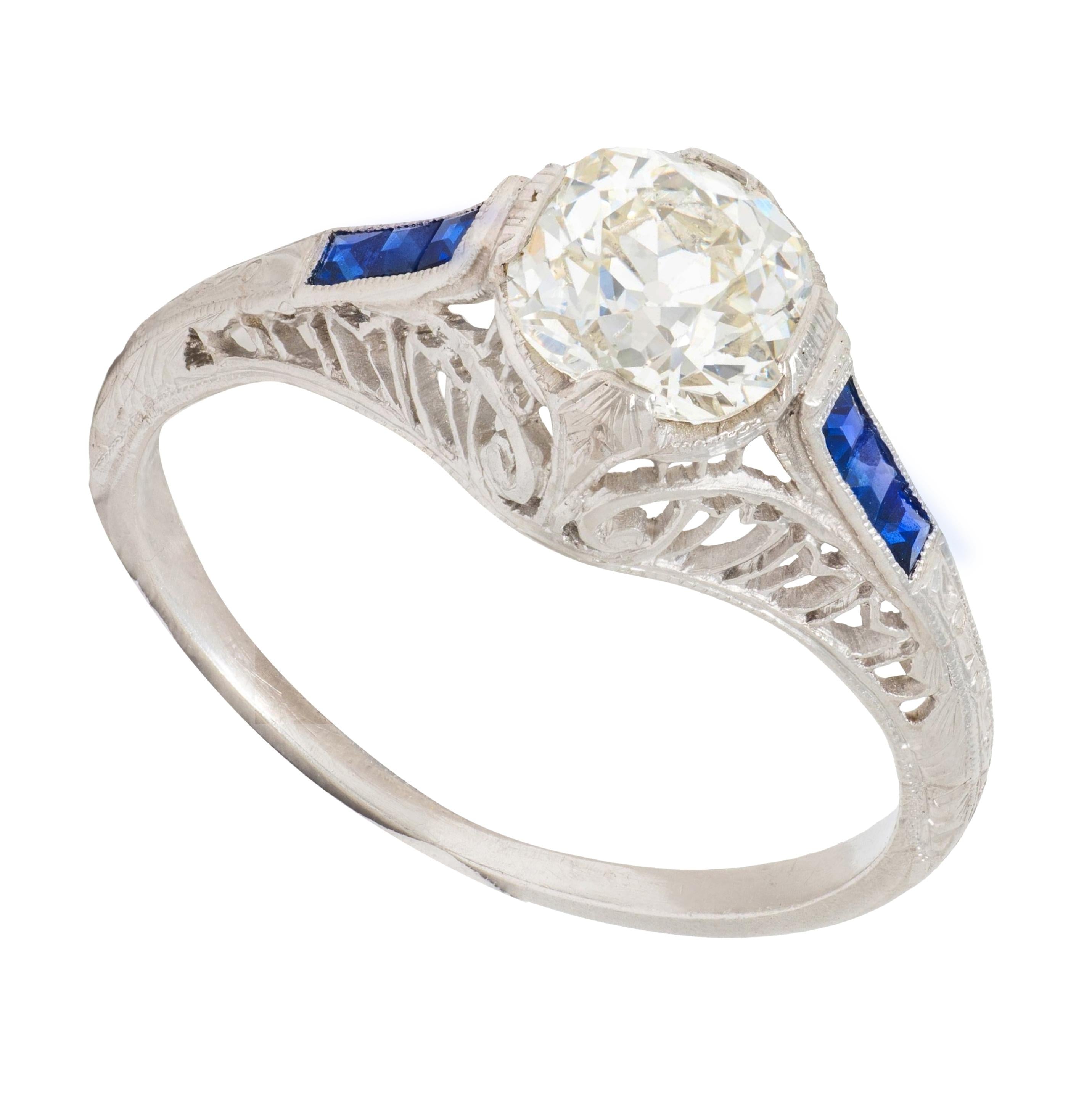 Art Deco 1.52 CTW Old Mine Cut Diamond Sapphire Platinum Vintage Engagement Ring
