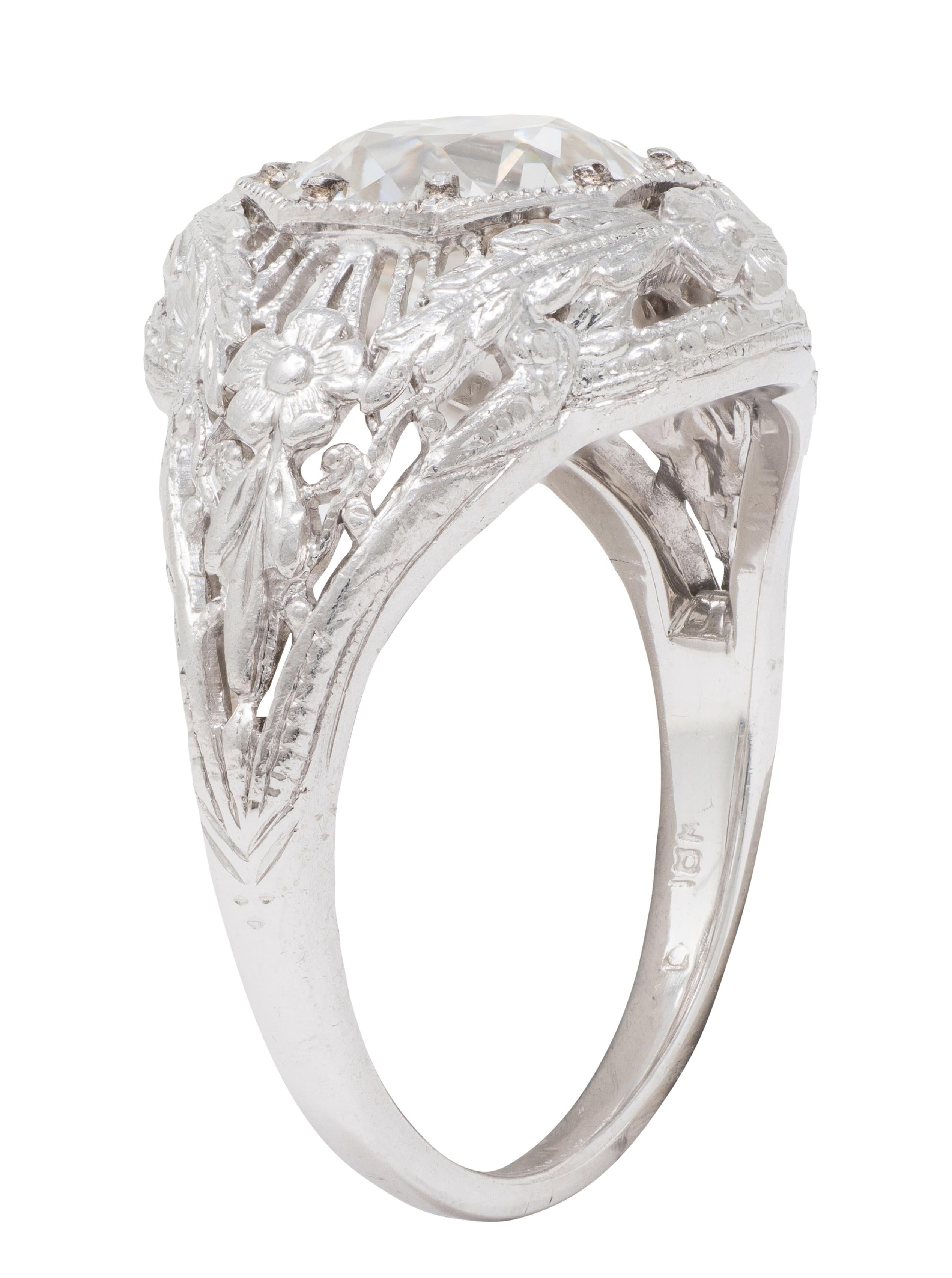 Art Deco Old European Cut Diamond 18K White Gold Floral Vintage Engagement Ring