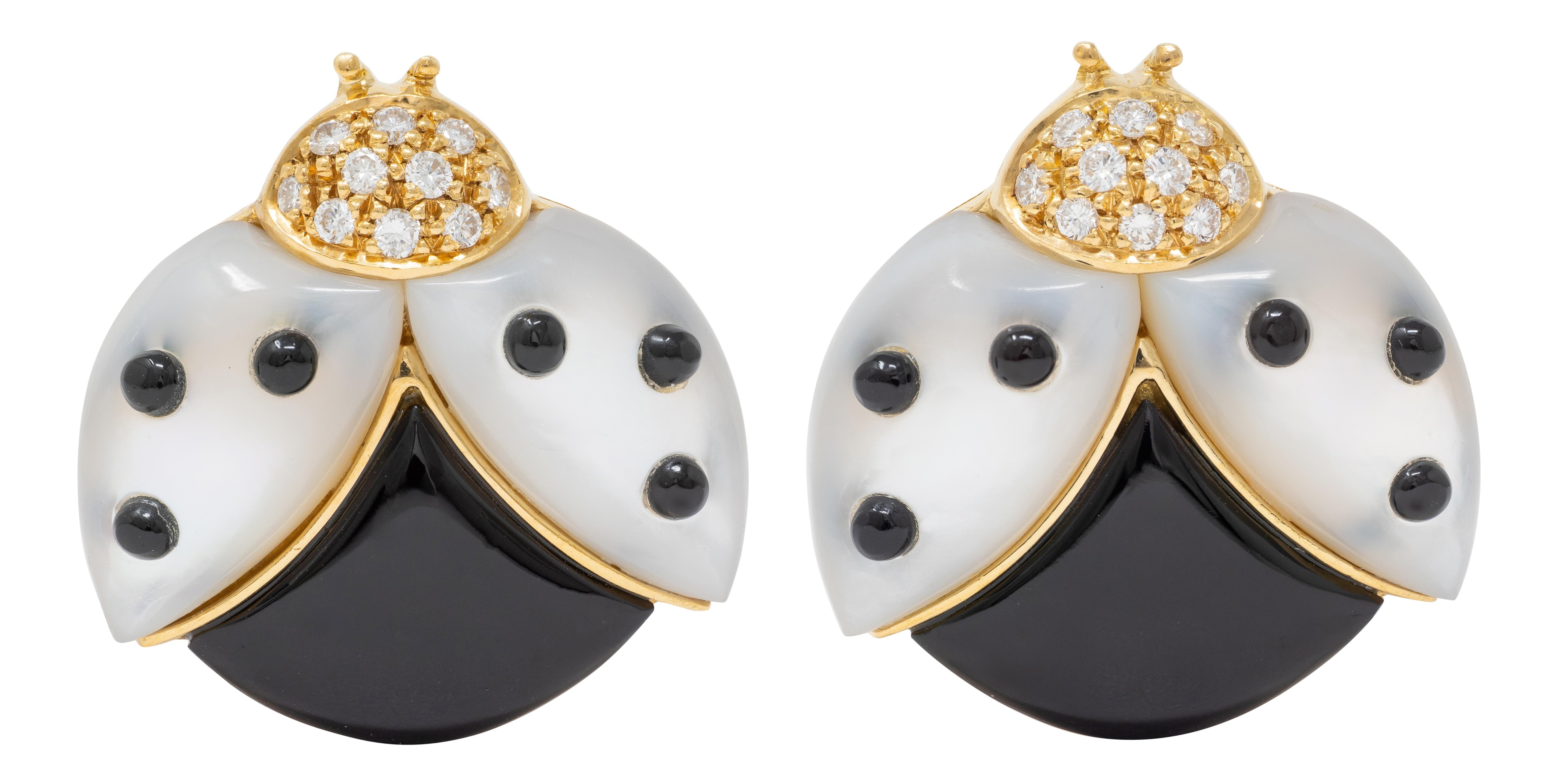 Grisogono 1990s Diamond Onyx Mother-Of-Pearl 18K Gold Vintage Lady Bug Earrings