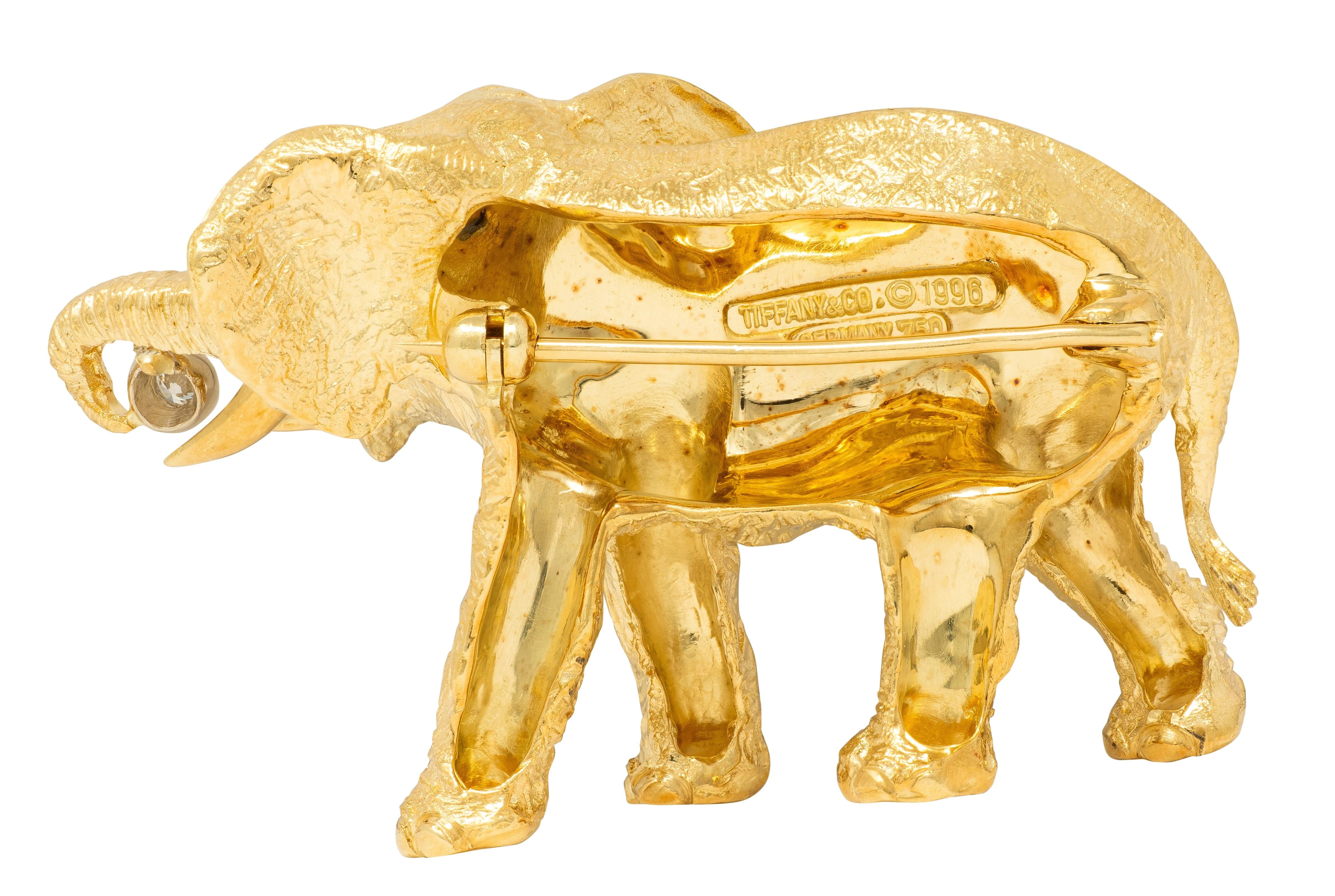 Tiffany & Co. 1996 Diamond Sapphire 18 Karat Yellow Gold Vintage Elephant Brooch