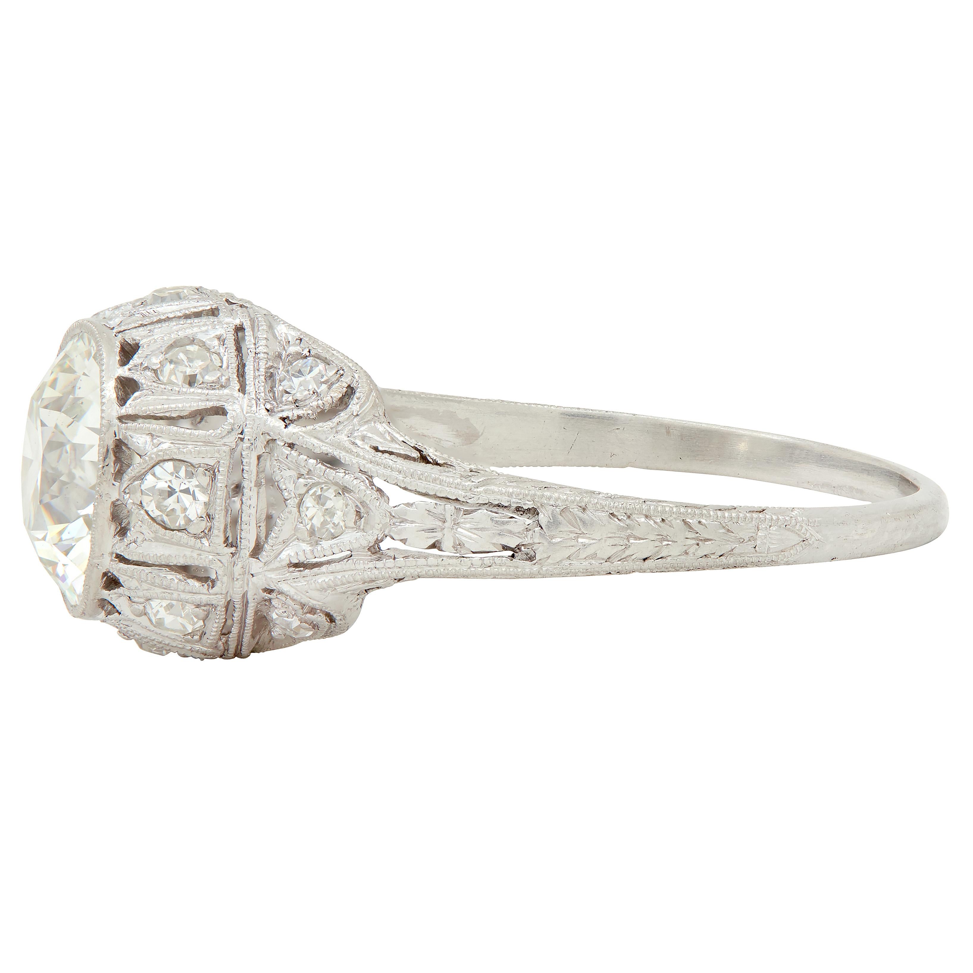 Art Deco Old European Cut Diamond Platinum Tulip Vintage Engagement Ring