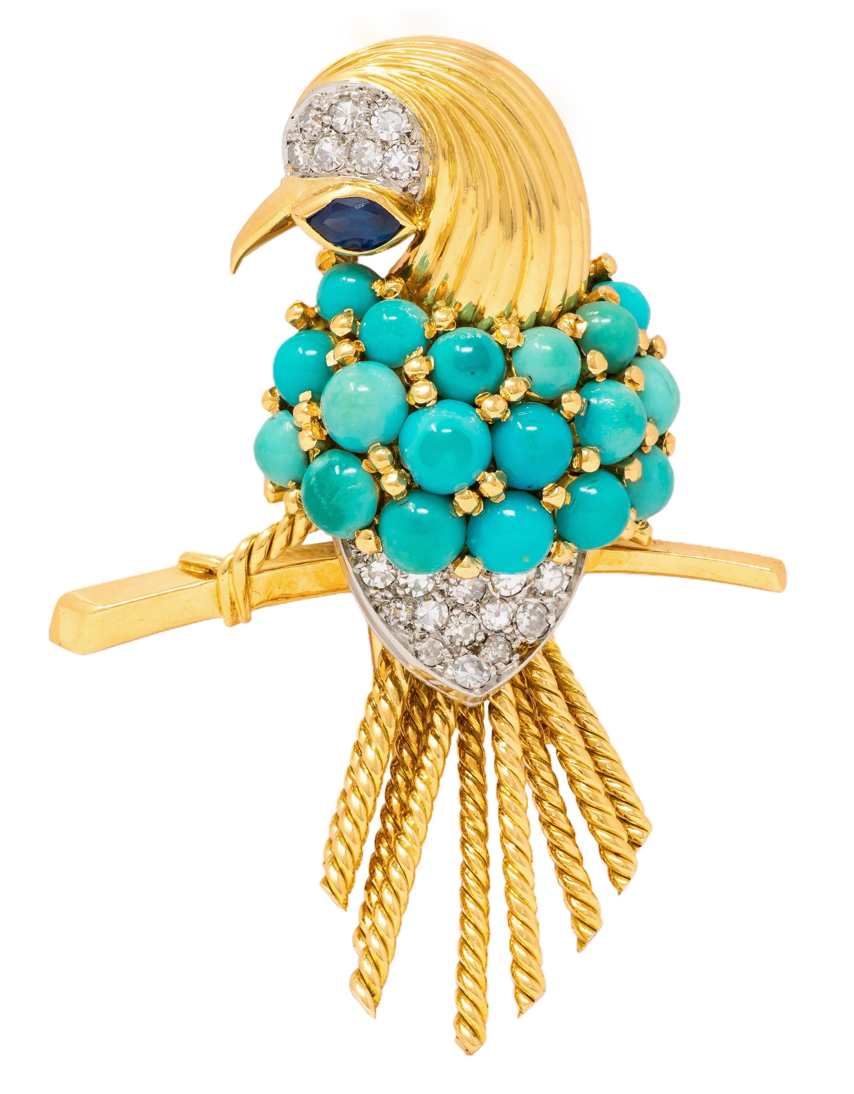 Boucheron Paris 1960s Turquoise Diamond 18K Gold Platinum Vintage Bird Brooch