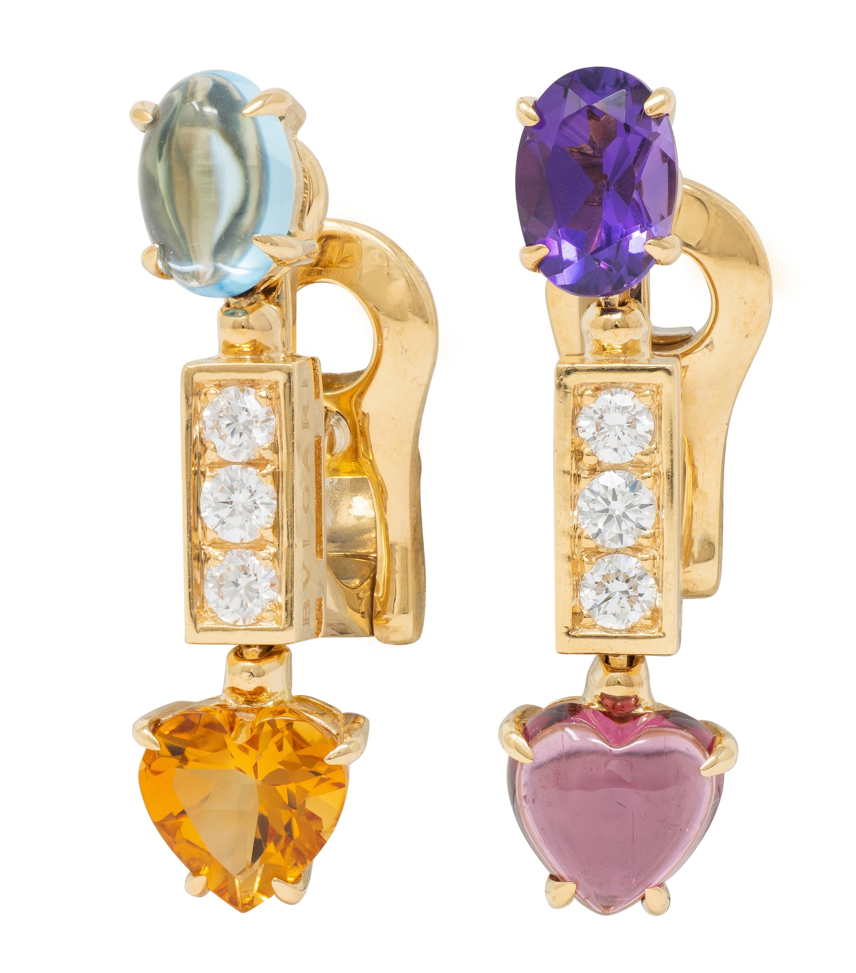 Bulgari Diamond Multi-Gem 18 Karat Yellow Gold Allegra Drop Ear-Clip Earrings