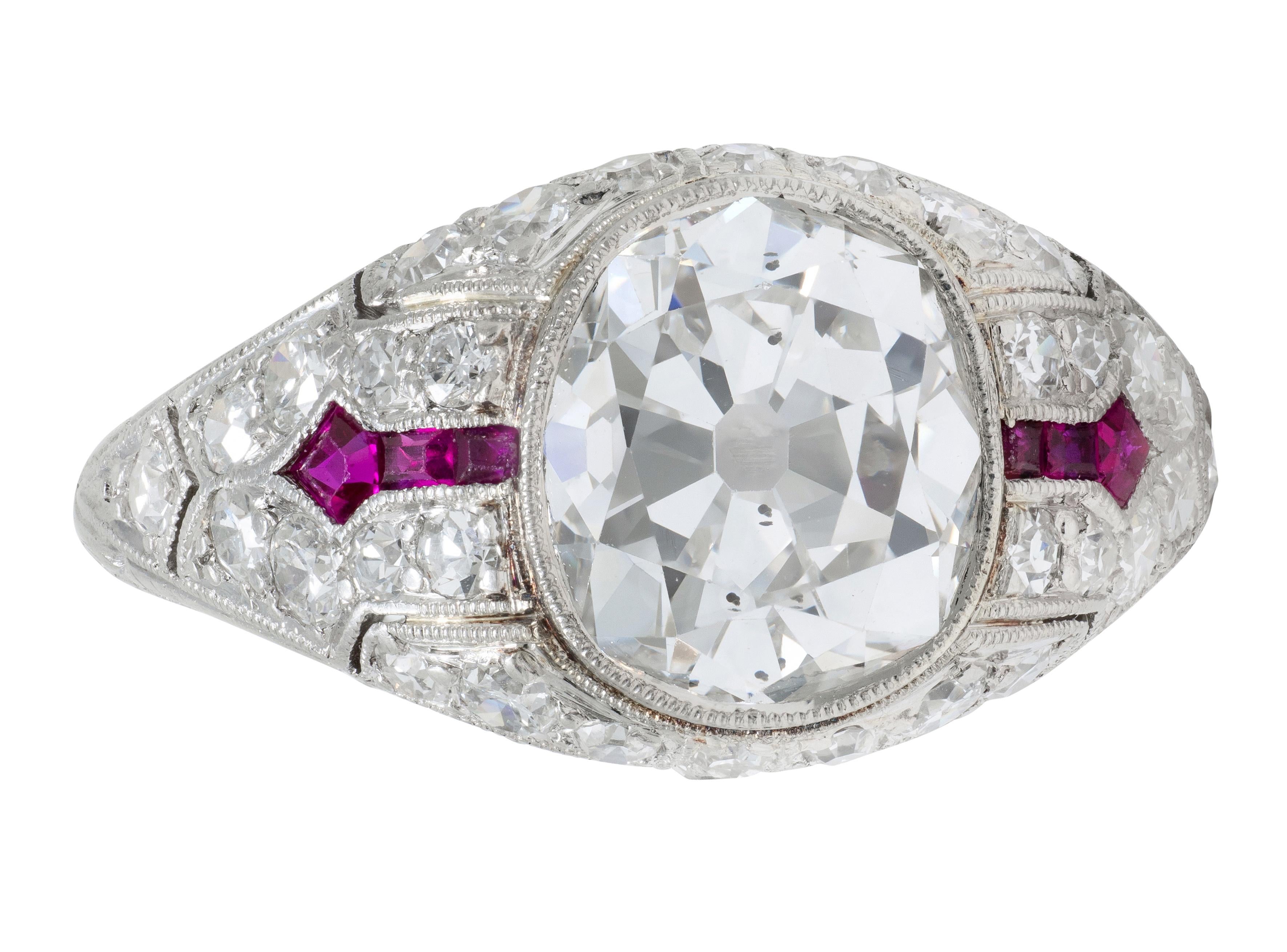 Art Deco 3.16 CTW Diamond Ruby Platinum Vintage Arrow Engagement Ring GIA