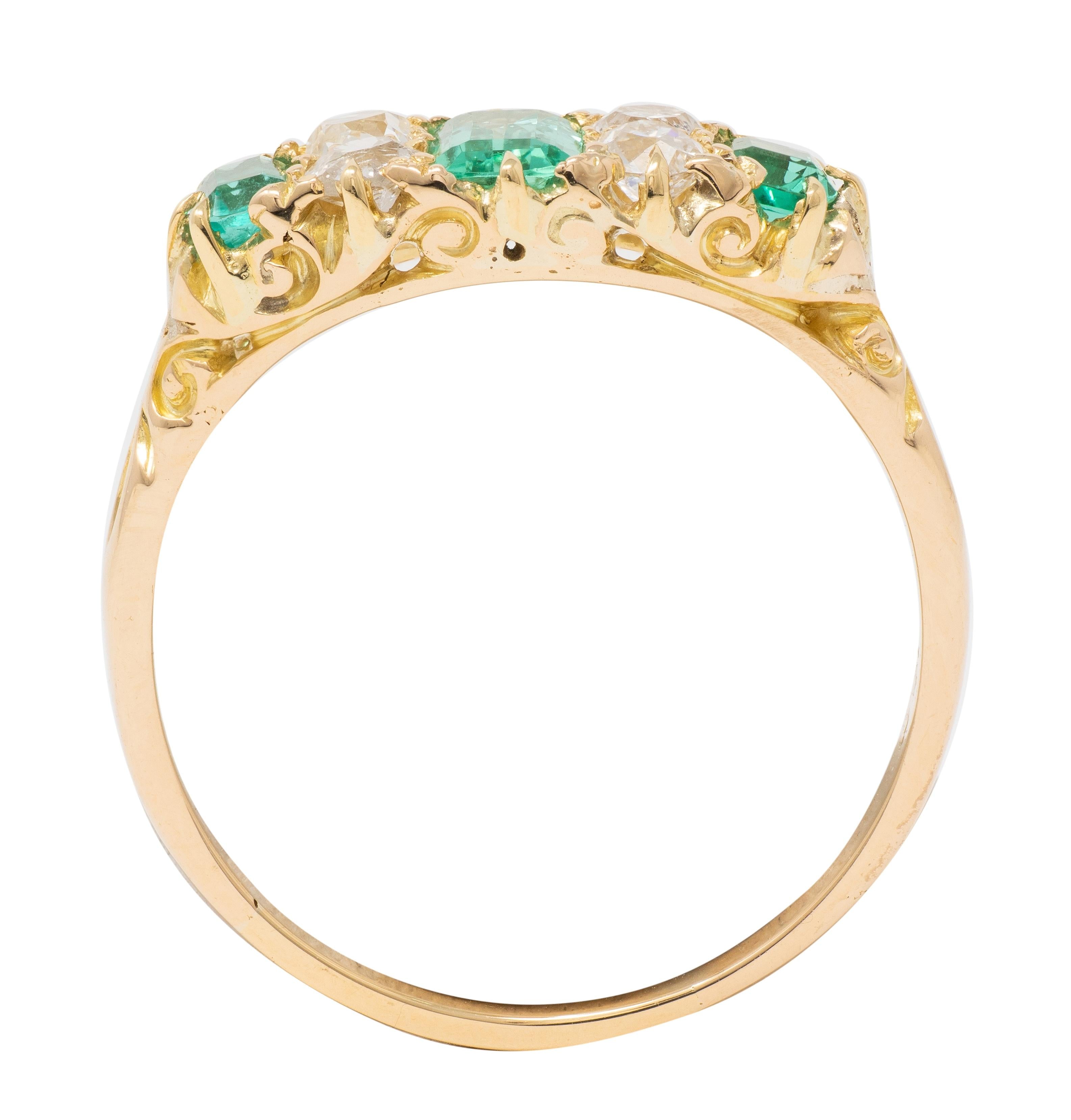 Victorian 1.16 CTW Emerald Diamond 18 Karat Yellow Gold Antique Scroll Band Ring