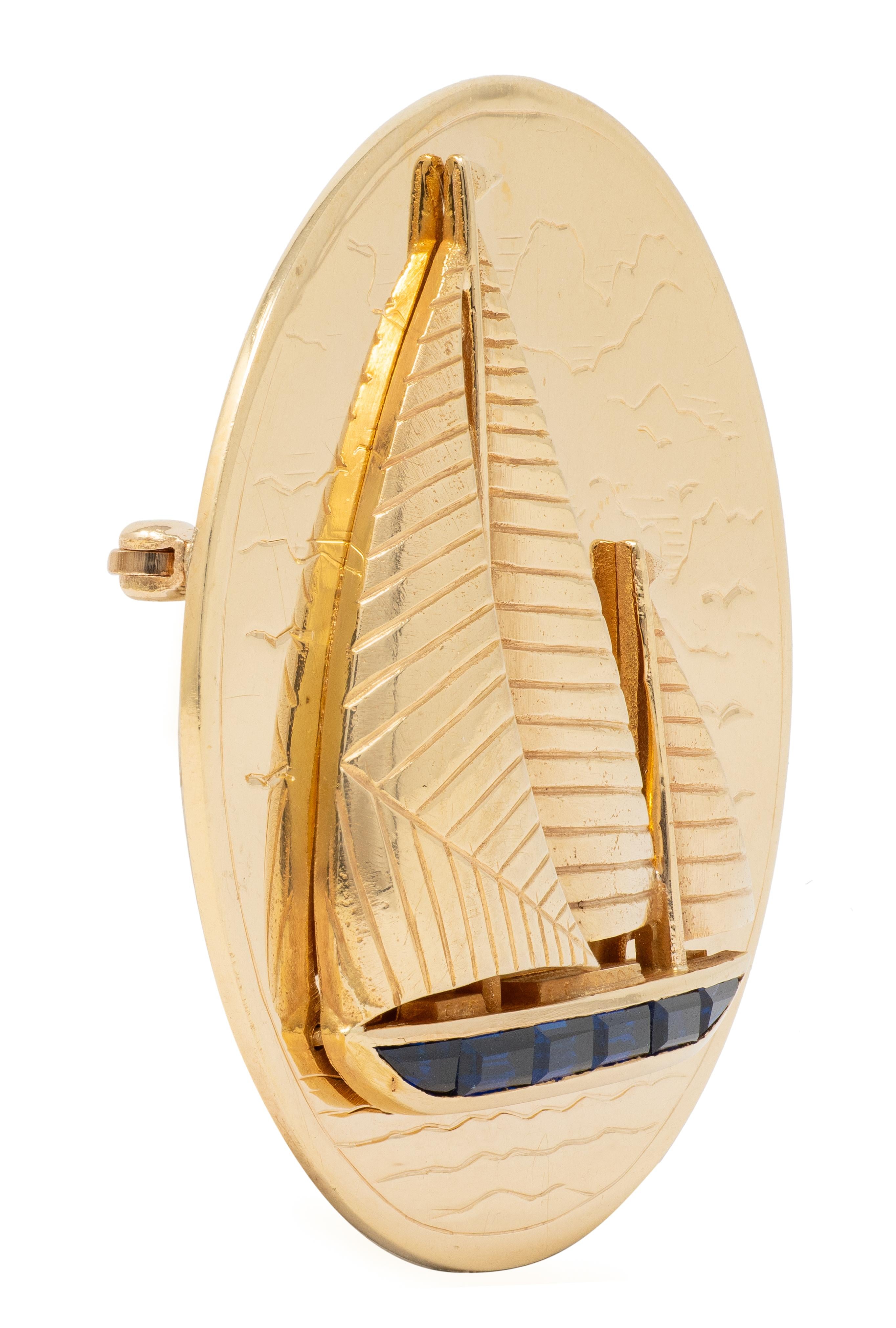 1960's Sapphire 14 Karat Yellow Gold Vintage Sailboat Brooch