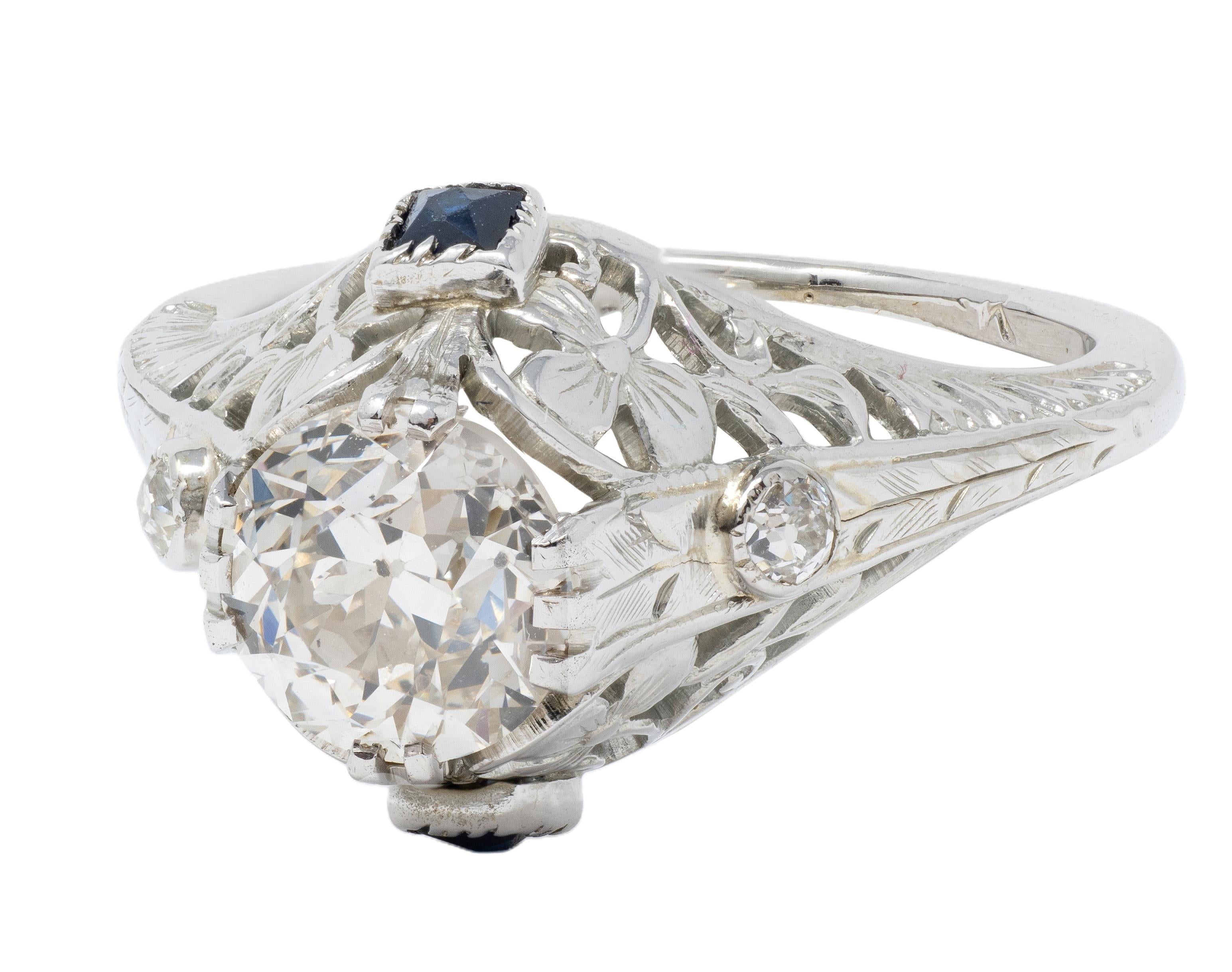 Art Deco Old European Diamond Sapphire 18K White Gold Vintage Engagement Ring
