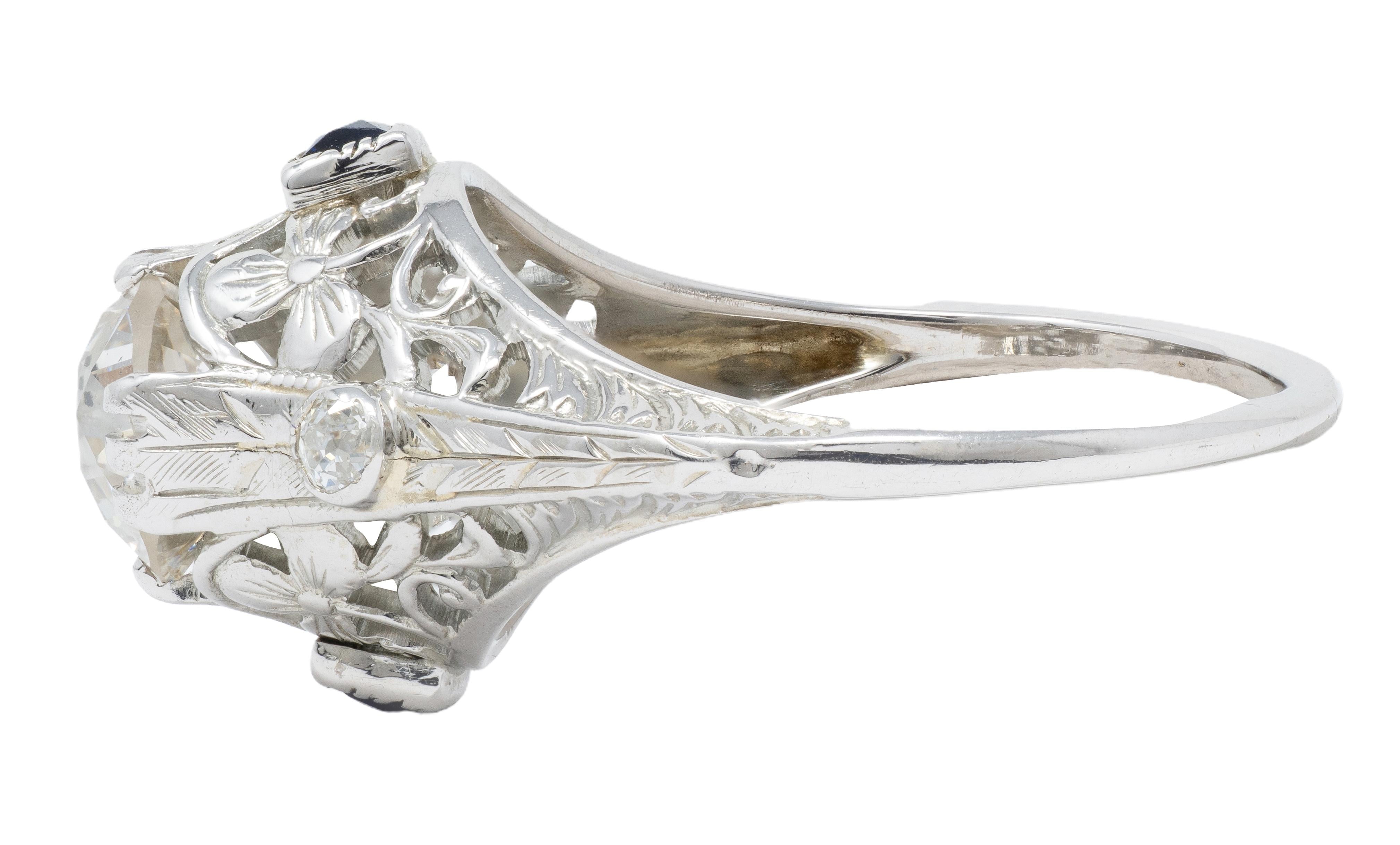 Art Deco Old European Diamond Sapphire 18K White Gold Vintage Engagement Ring