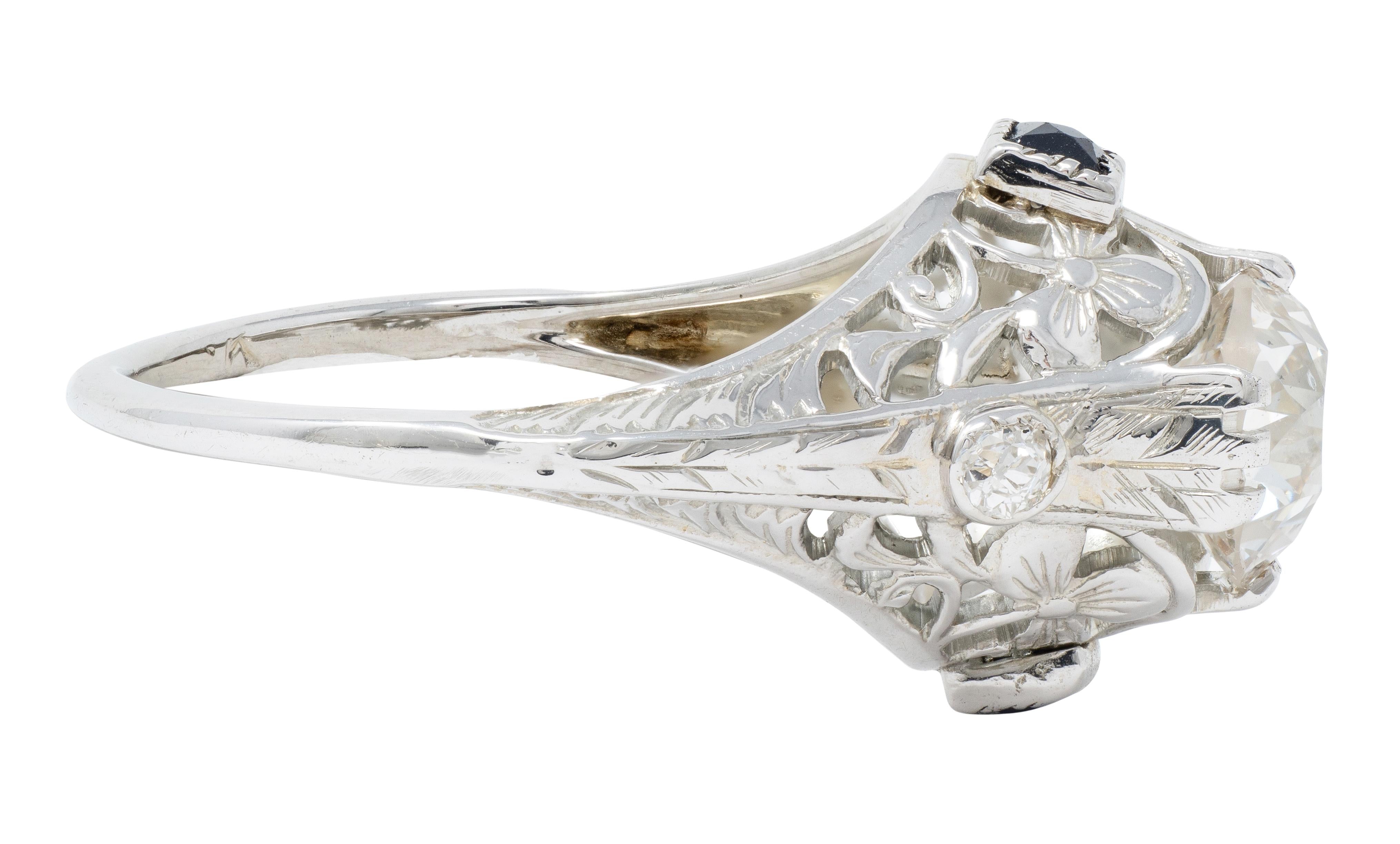 Art Deco Old European Diamond Sapphire 18K White Gold Vintage Engagement Ring