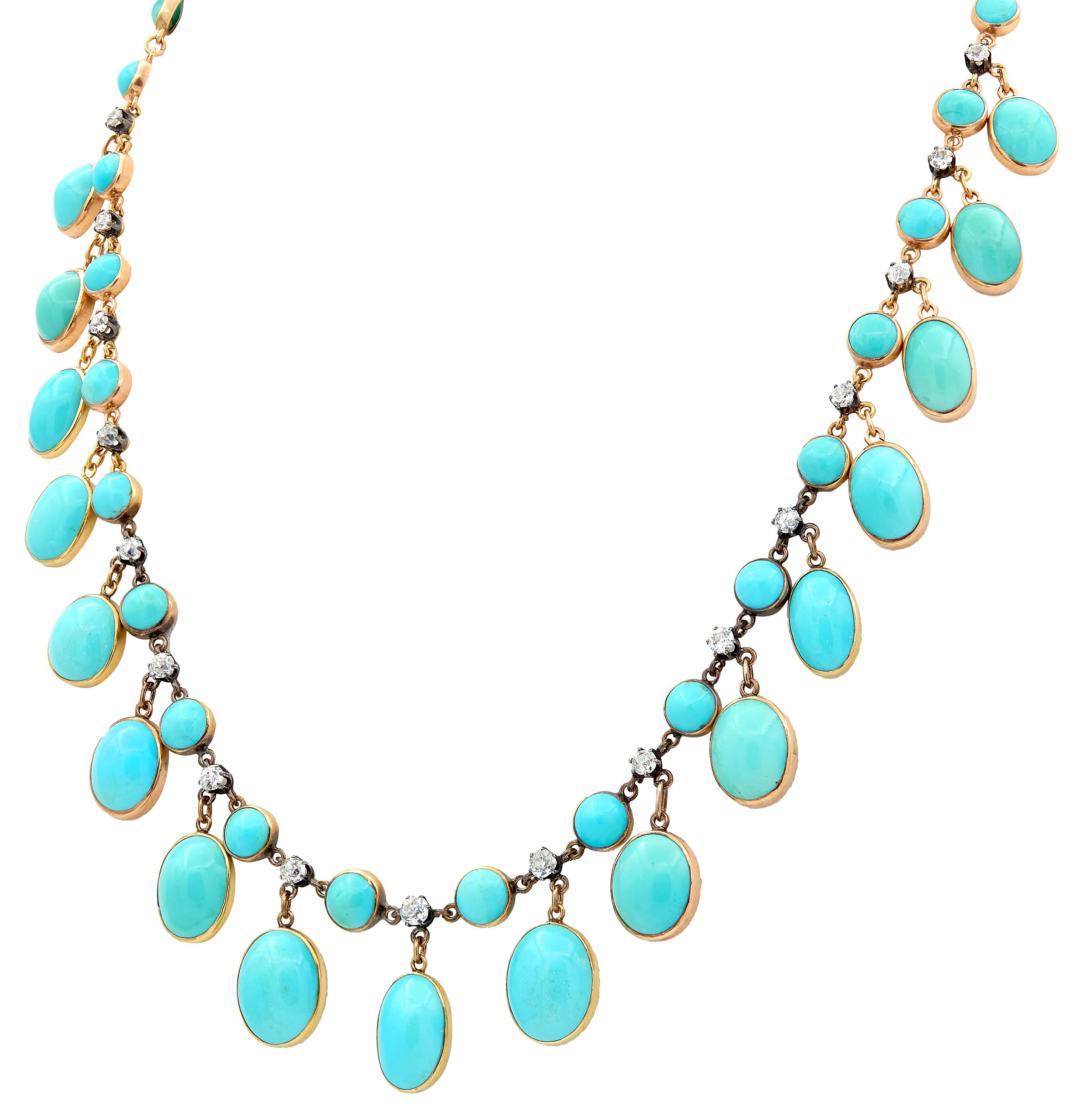 Victorian Diamond Turquoise 14 Karat Yellow Gold Silver Antique Fringe Necklace