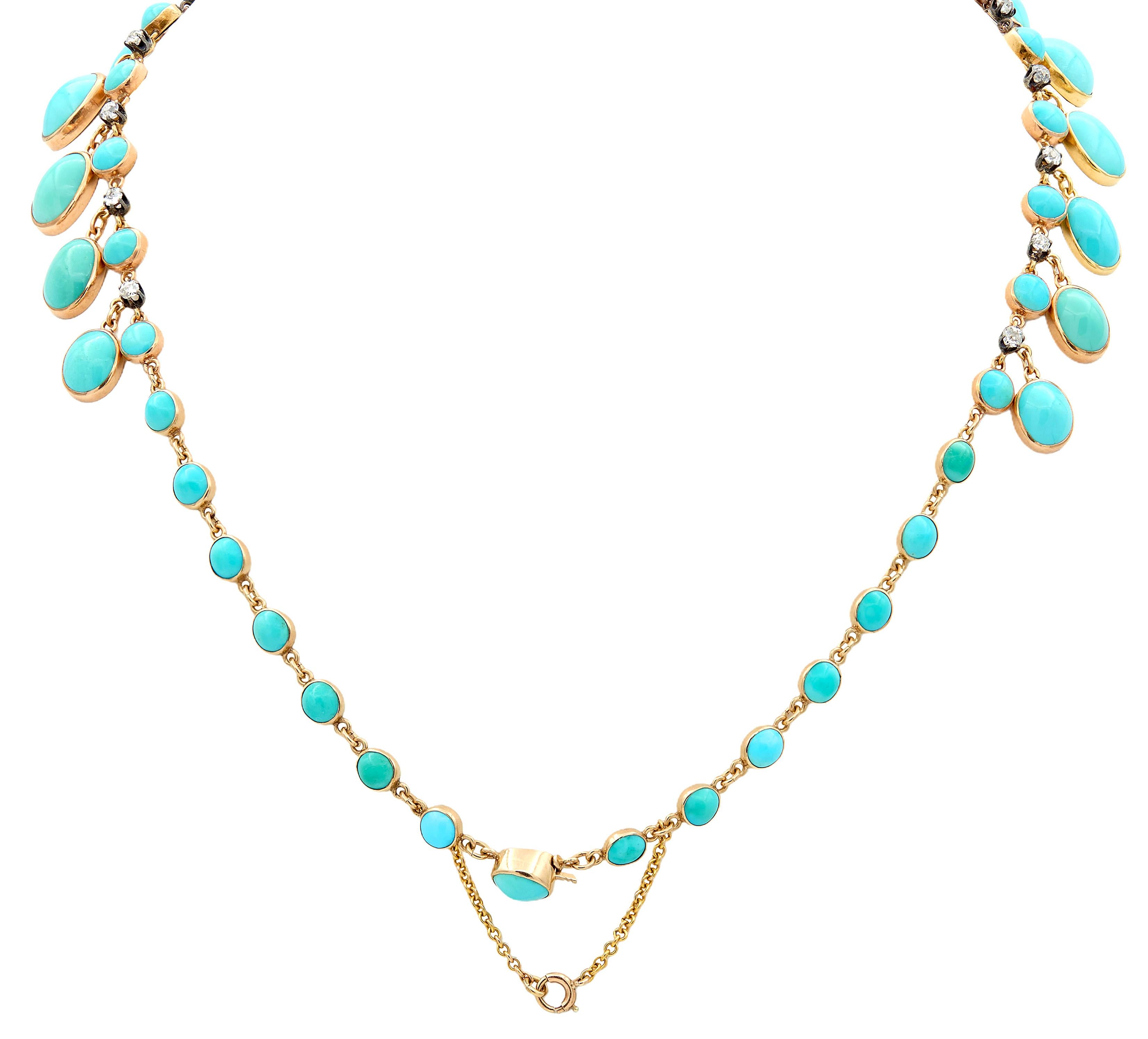 Victorian Diamond Turquoise 14 Karat Yellow Gold Silver Antique Fringe Necklace