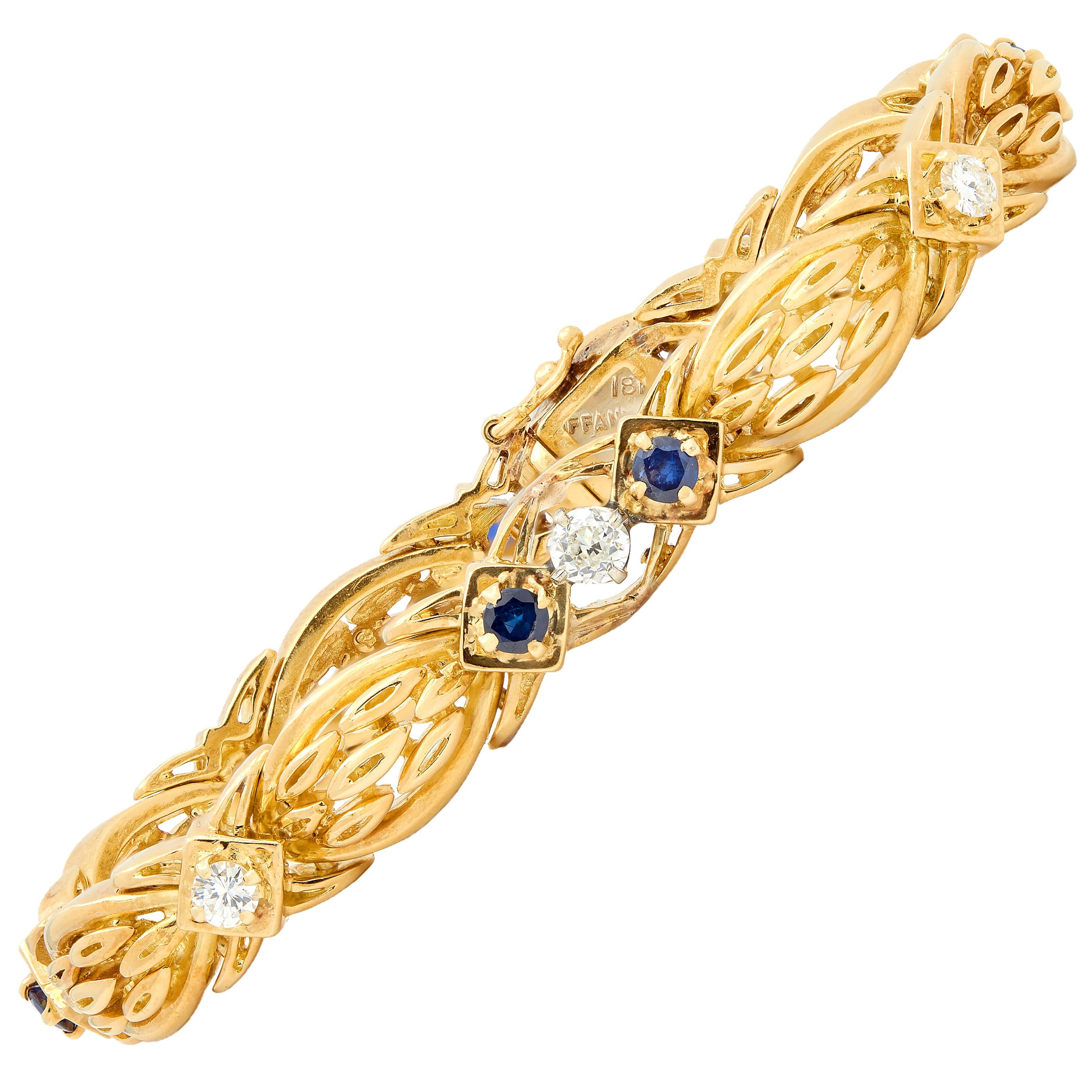 Tiffany & Co. 1990's 1.04 CTW Sapphire Diamond 18K Gold Vintage Wheat Bracelet