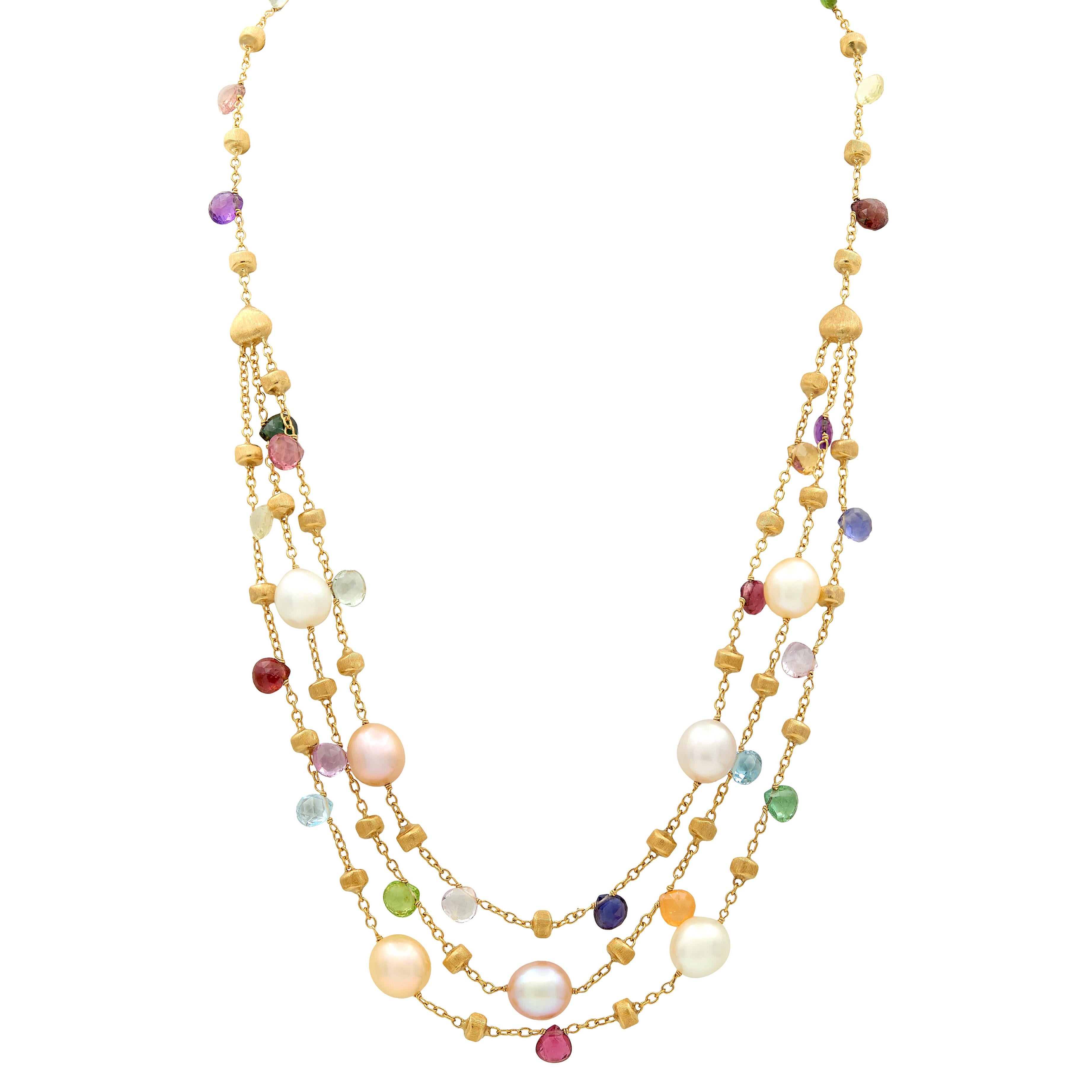 Marco Bicego Multi-Gem Pearl 18K Gold Multi-Strand Confetti Necklace