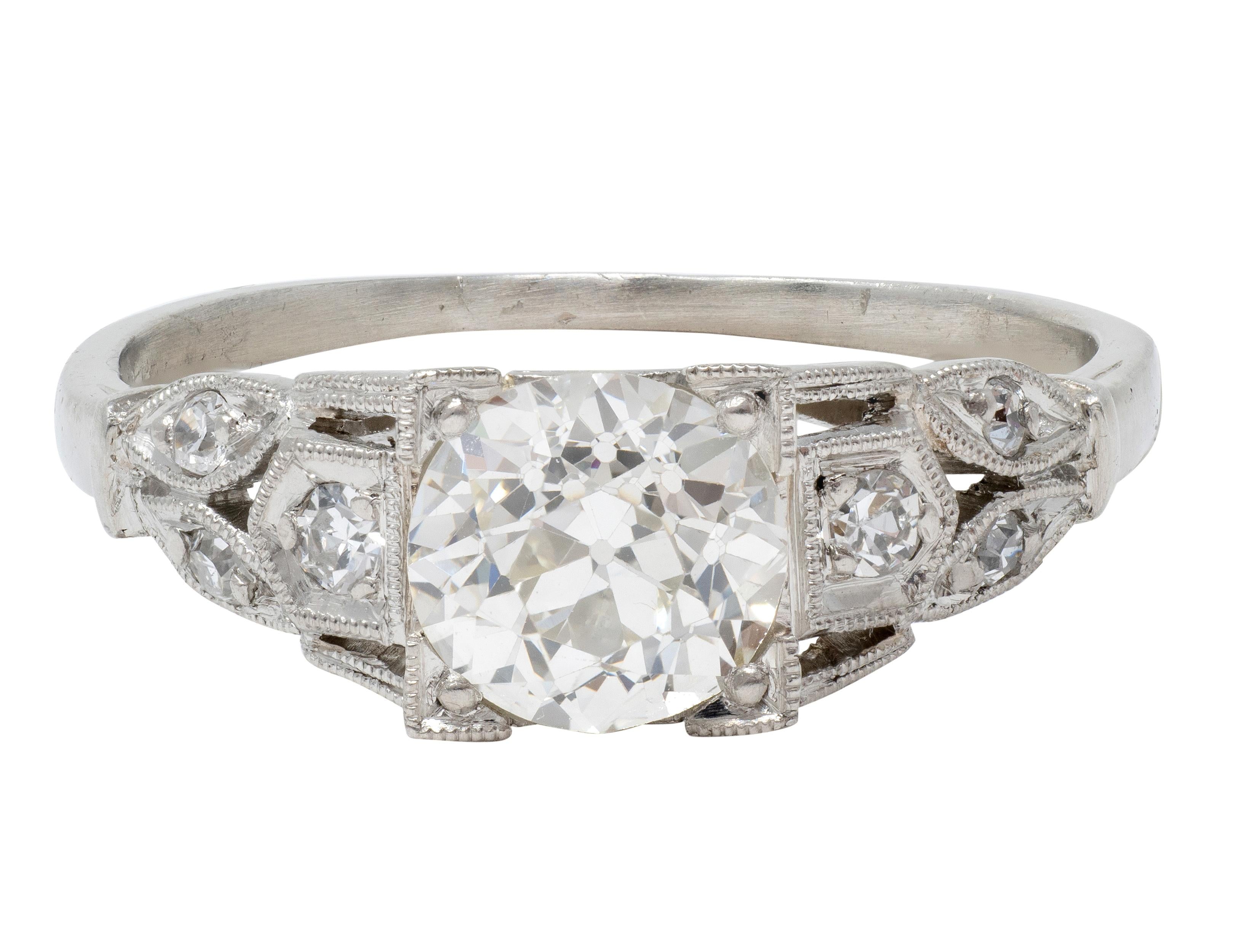 Art Deco 0.92 CTW Old European Diamond Platinum Vintage Lotus Engagement Ring