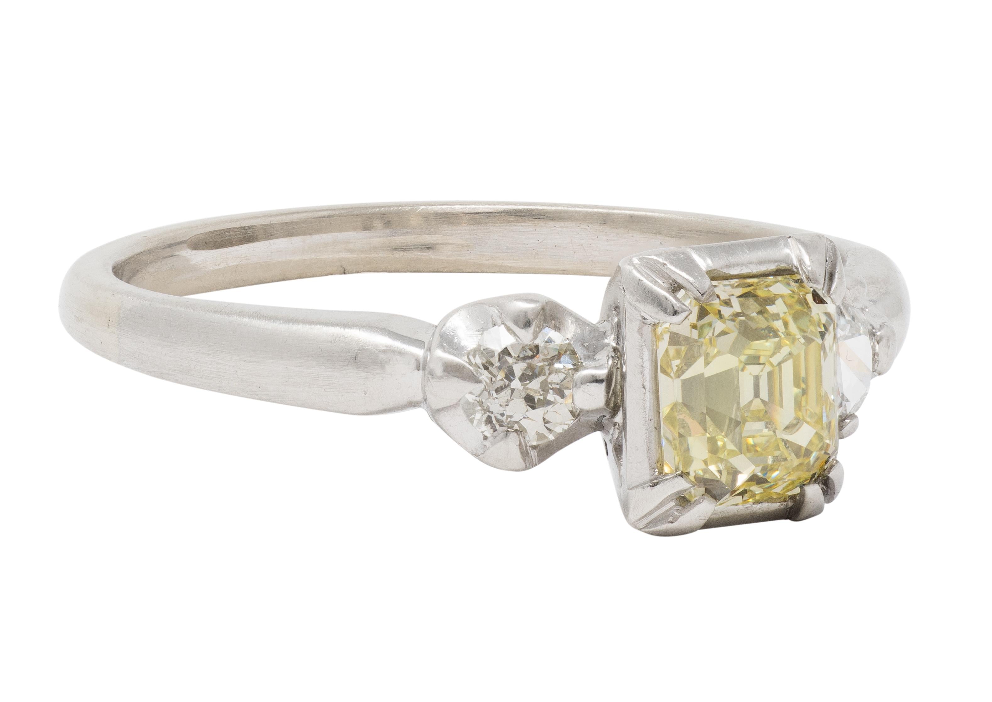1950's 0.95 CTW Fancy Yellow Asscher Diamond Platinum Vintage Engagement Ring