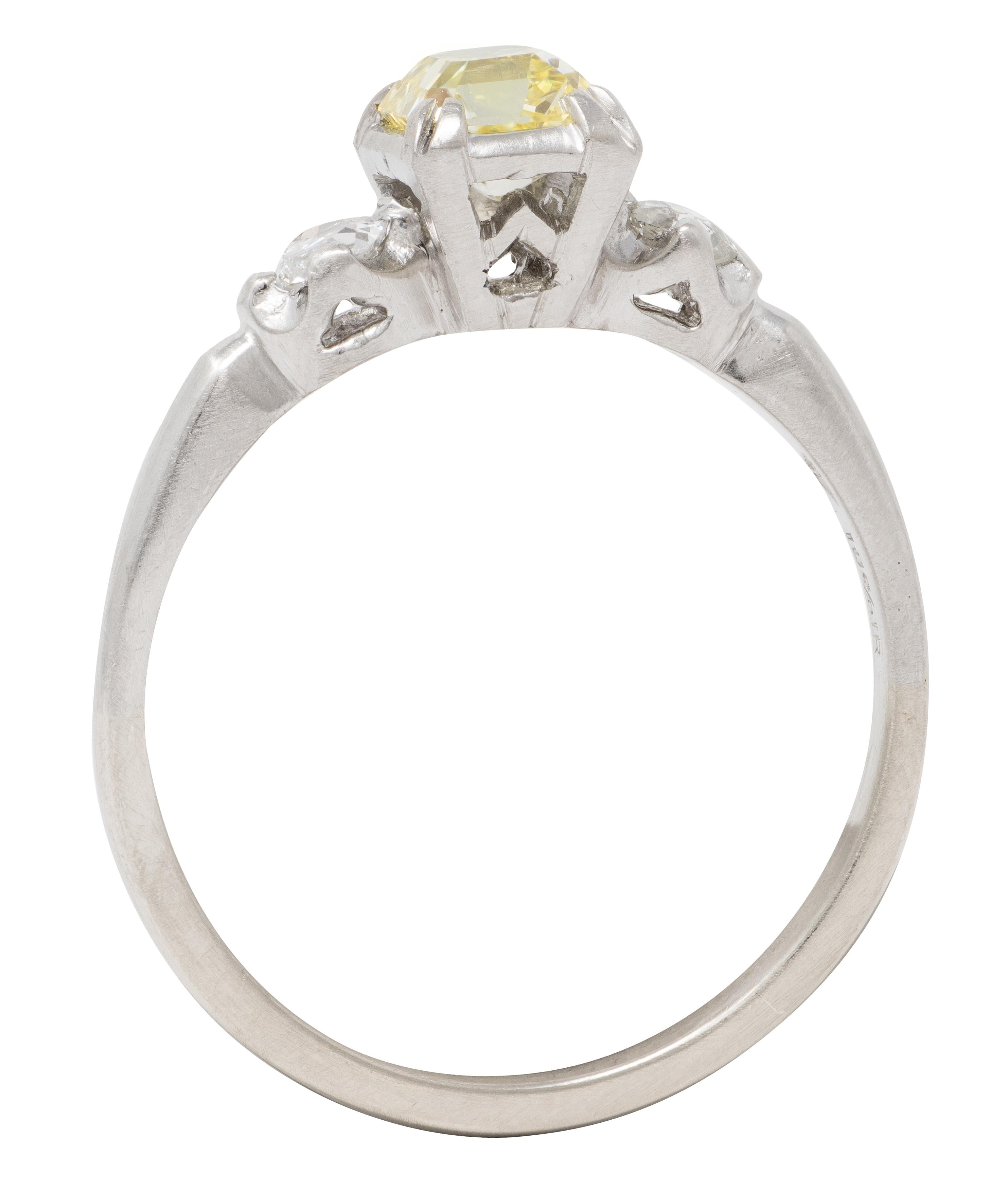 1950's 0.95 CTW Fancy Yellow Asscher Diamond Platinum Vintage Engagement Ring
