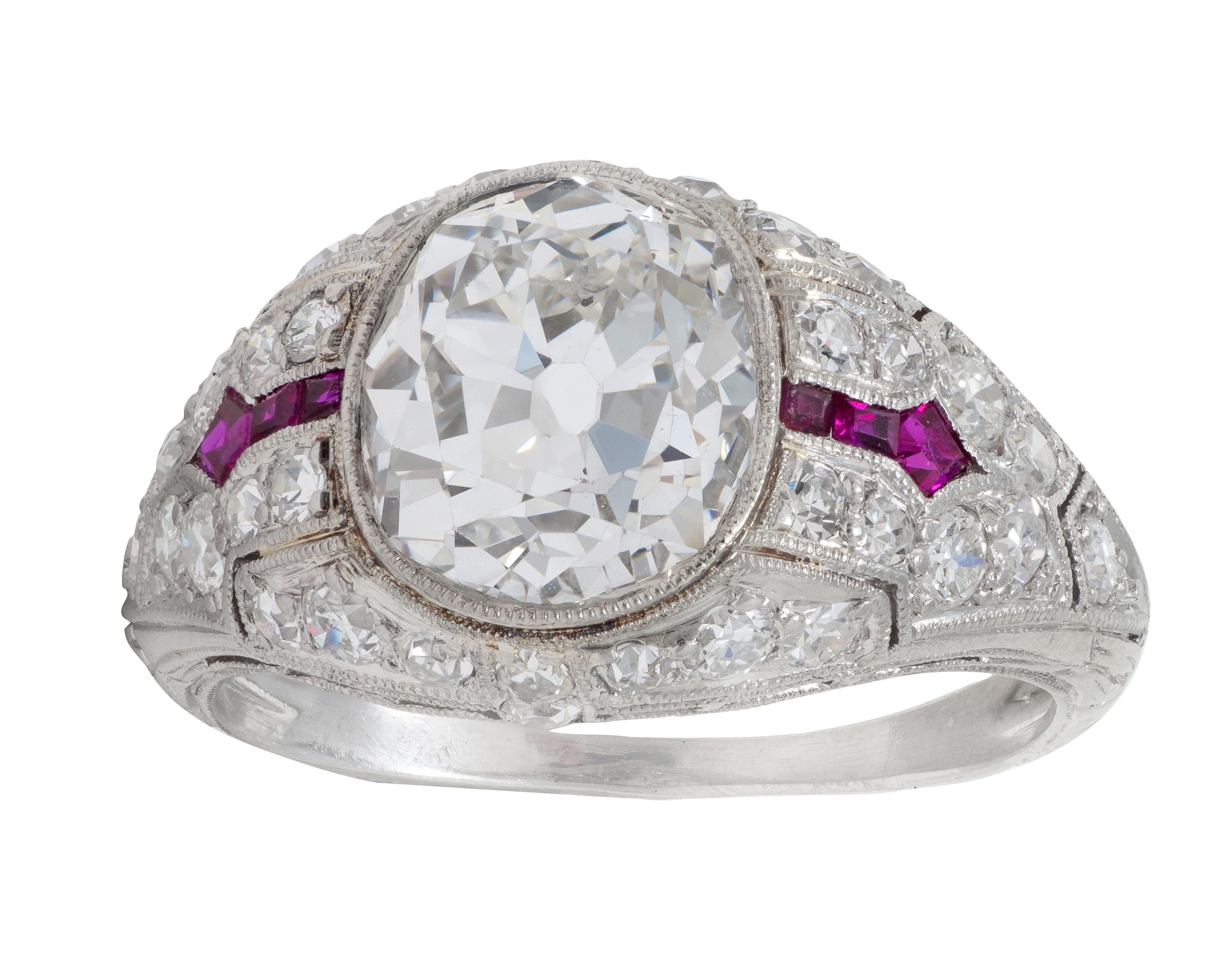 Art Deco 3.16 CTW Diamond Ruby Platinum Vintage Arrow Engagement Ring GIA