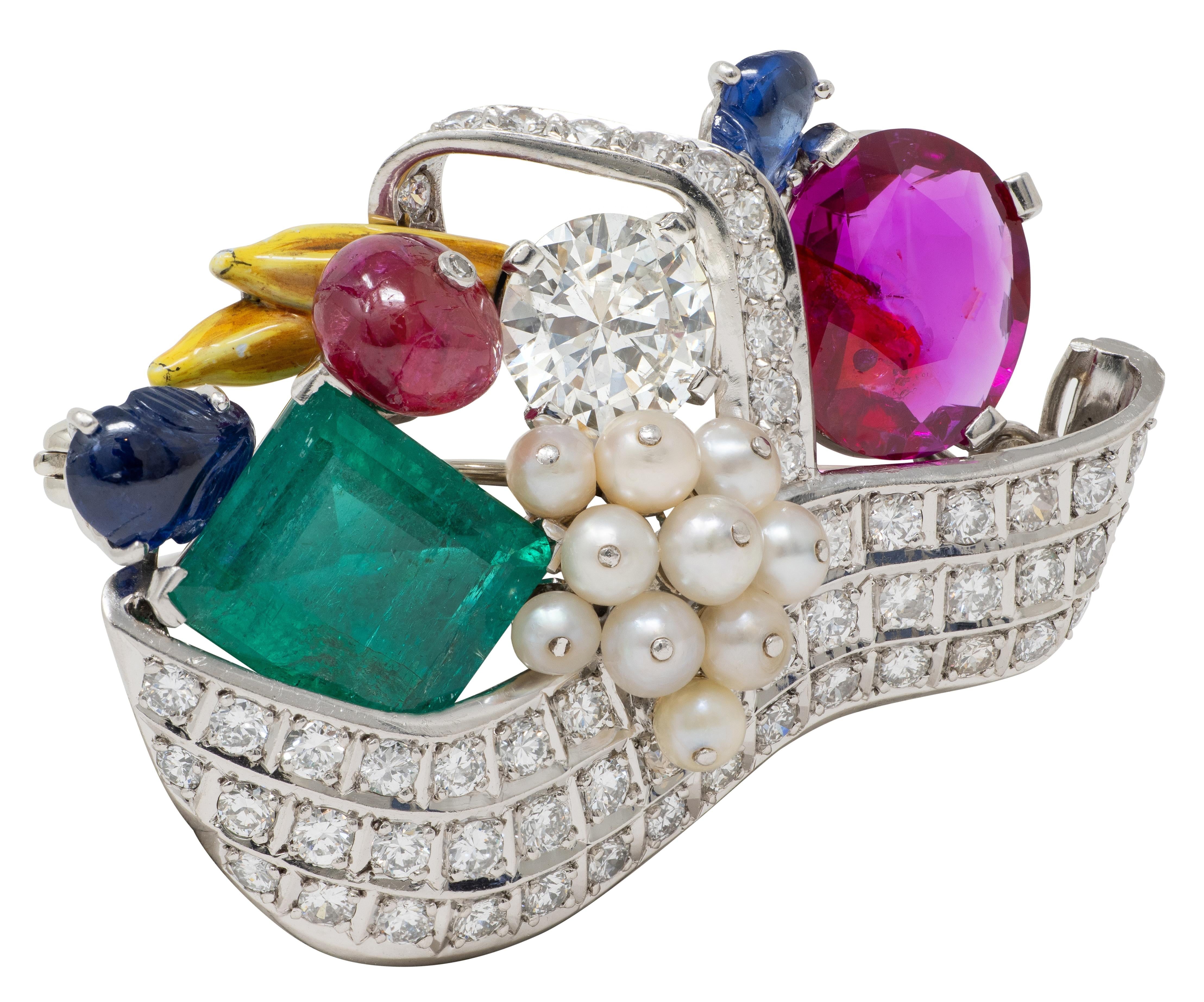 Mauboussin 1950 Burma Ruby Multi-Gem Platinum Vintage Tutti-Frutti Basket Brooch